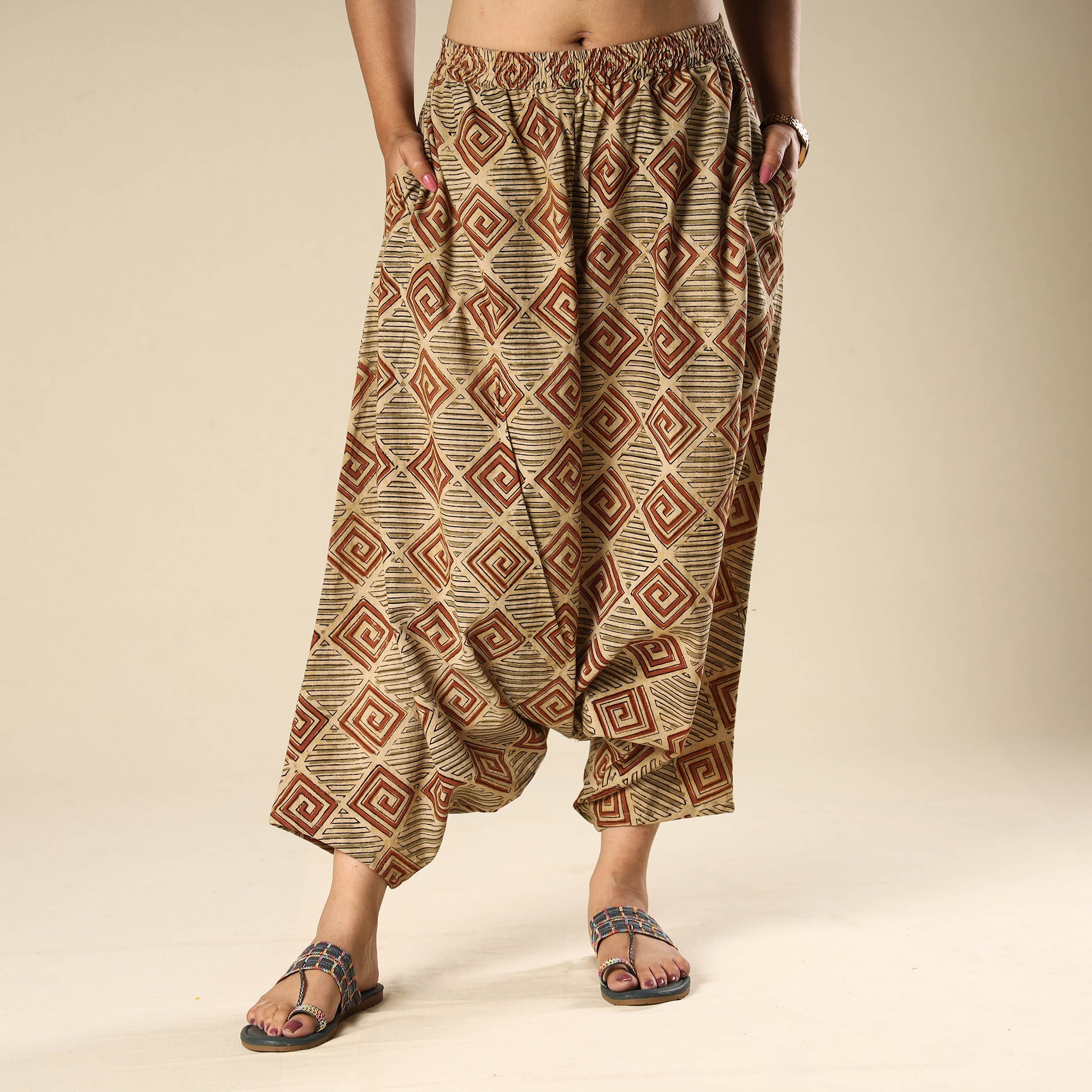 ITOKRI CASUALS Beige - Kalamkari Block Printed Cotton Elasticated Harem Pant