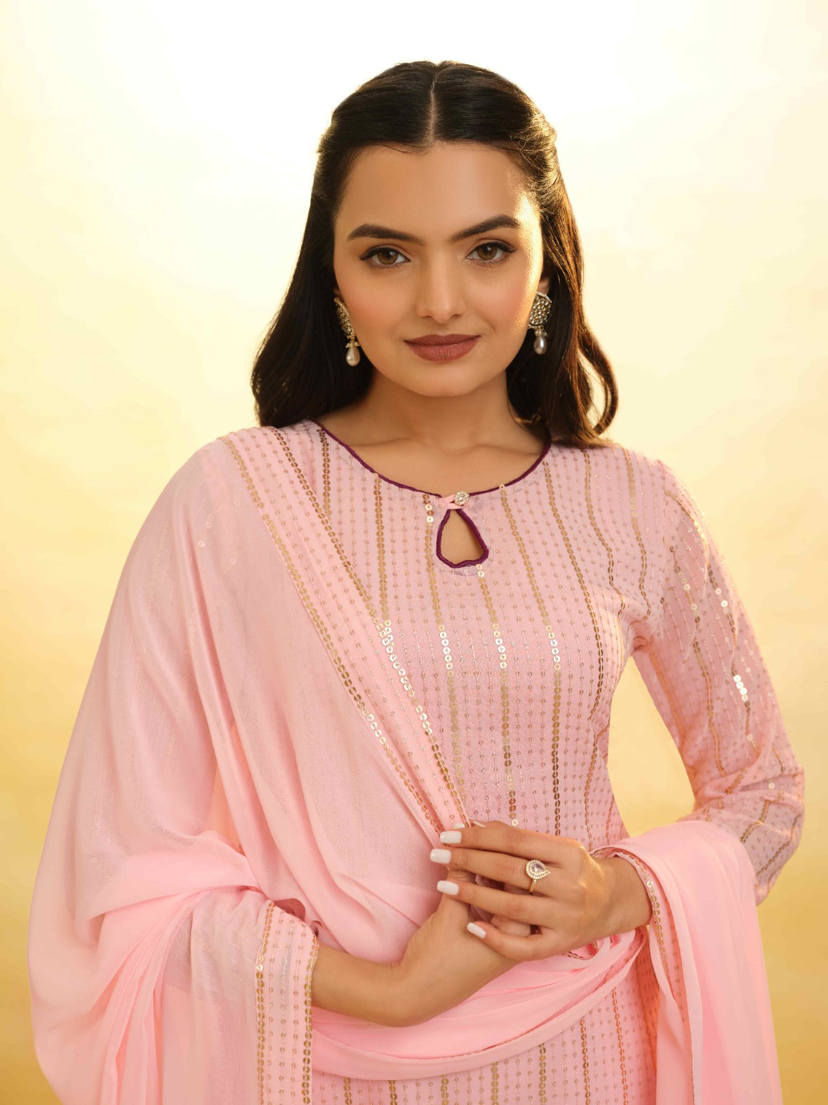 ClothsVilla Peach Georgette Suit with Embroidery and Shantoon Bottom - view 5