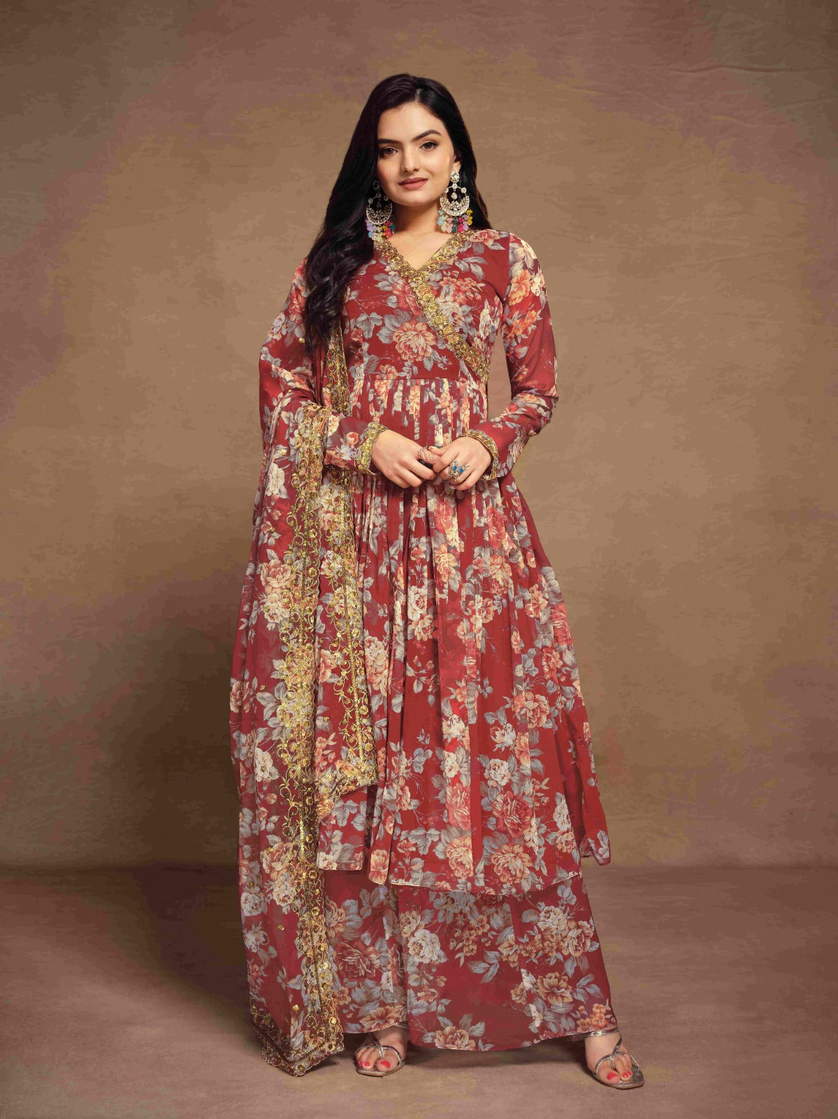 ClothsVilla Maroon Chiffon Printed Zari Work Sequence Suit with Palazzo and Dupatta