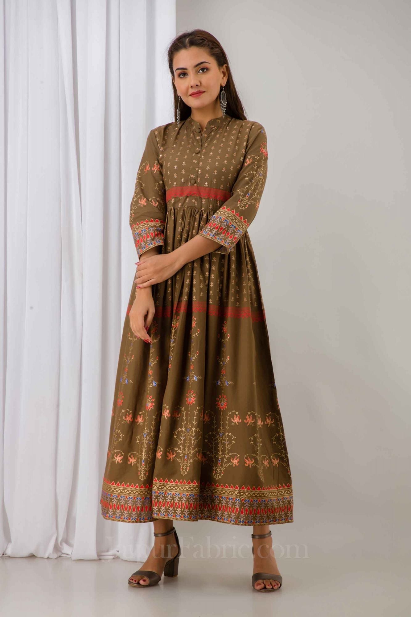 JaipurFabric® Women Brown Cotton Long Flared Kurti - view 6