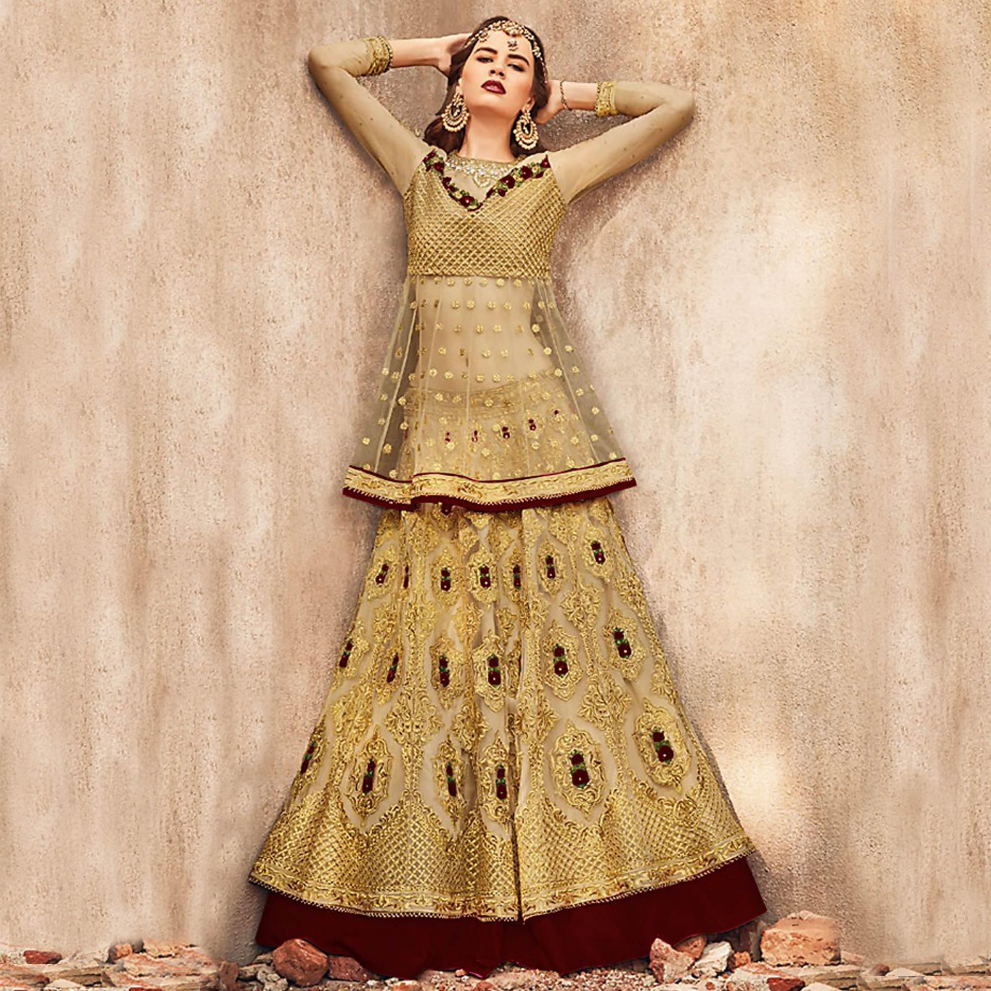 Peachmode Elegant Golden-Brown Colored Party Wear Embroidered Net Lehenga Choli