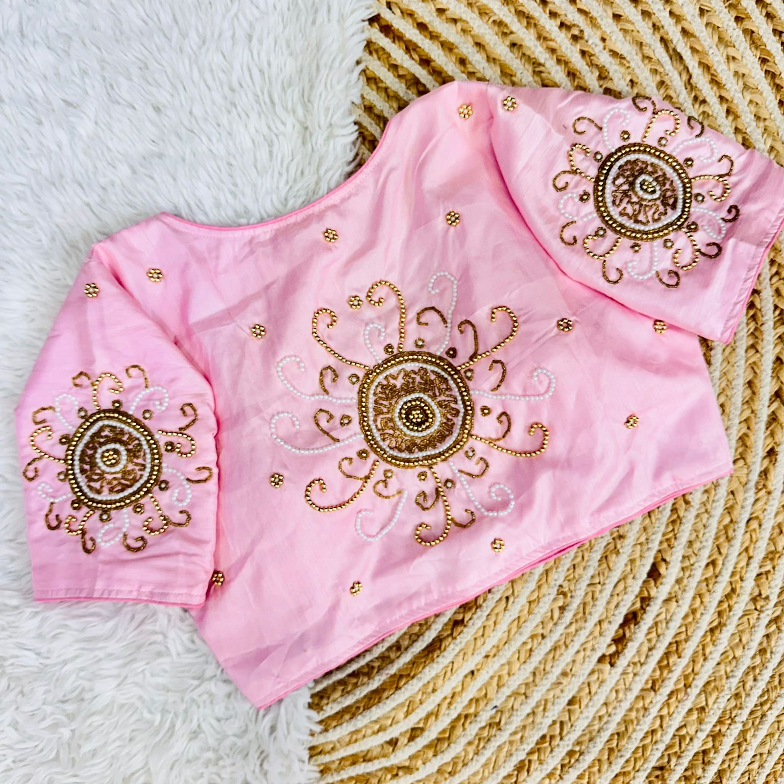 ClothsVilla Baby Pink Golden Handcrafted Makhana Silk Blouse with White Pearl Accents