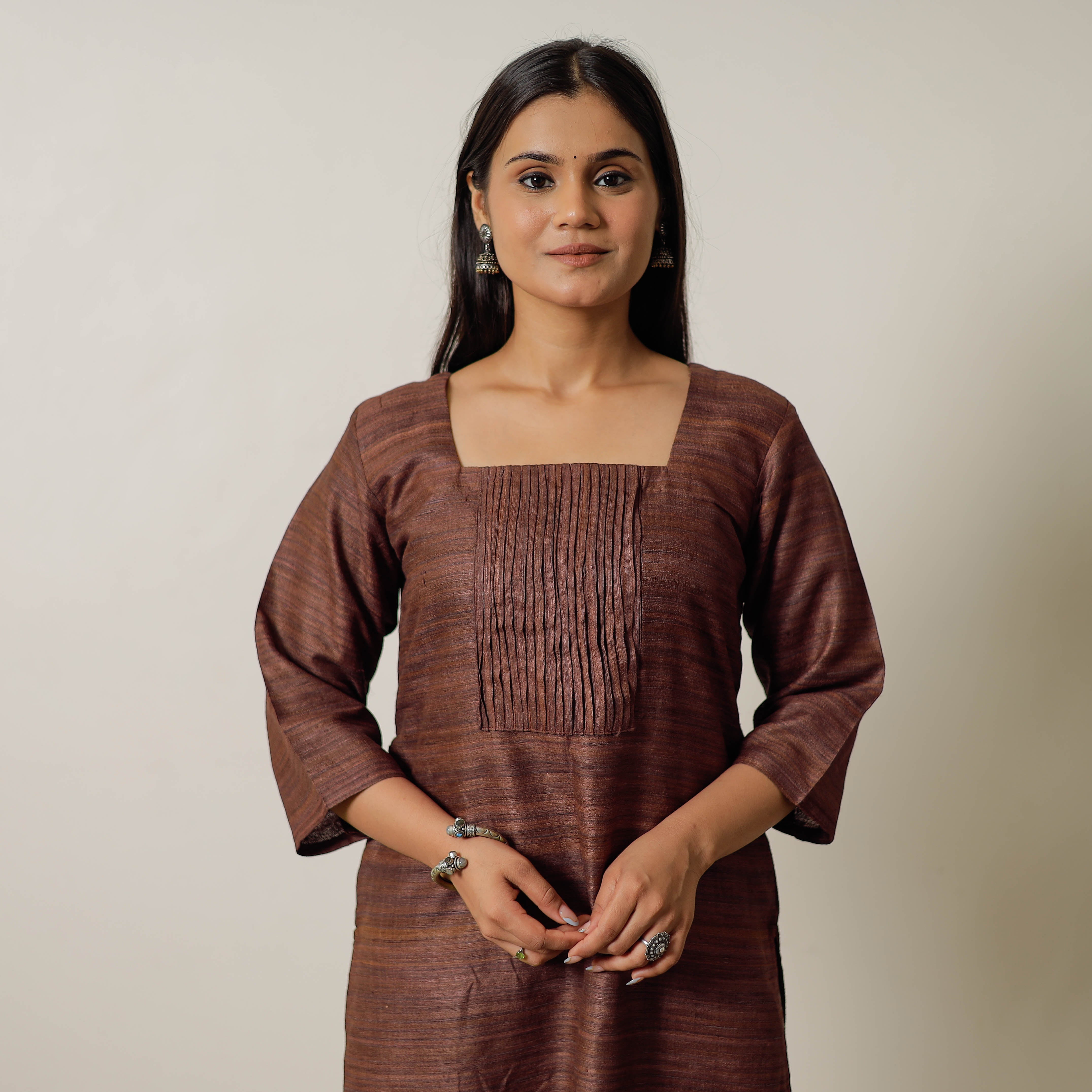 ITOKRI CASUALS Brown - Bhagalpuri Handwoven Desi Tussar Silk Pintuck Straight Kurta 17