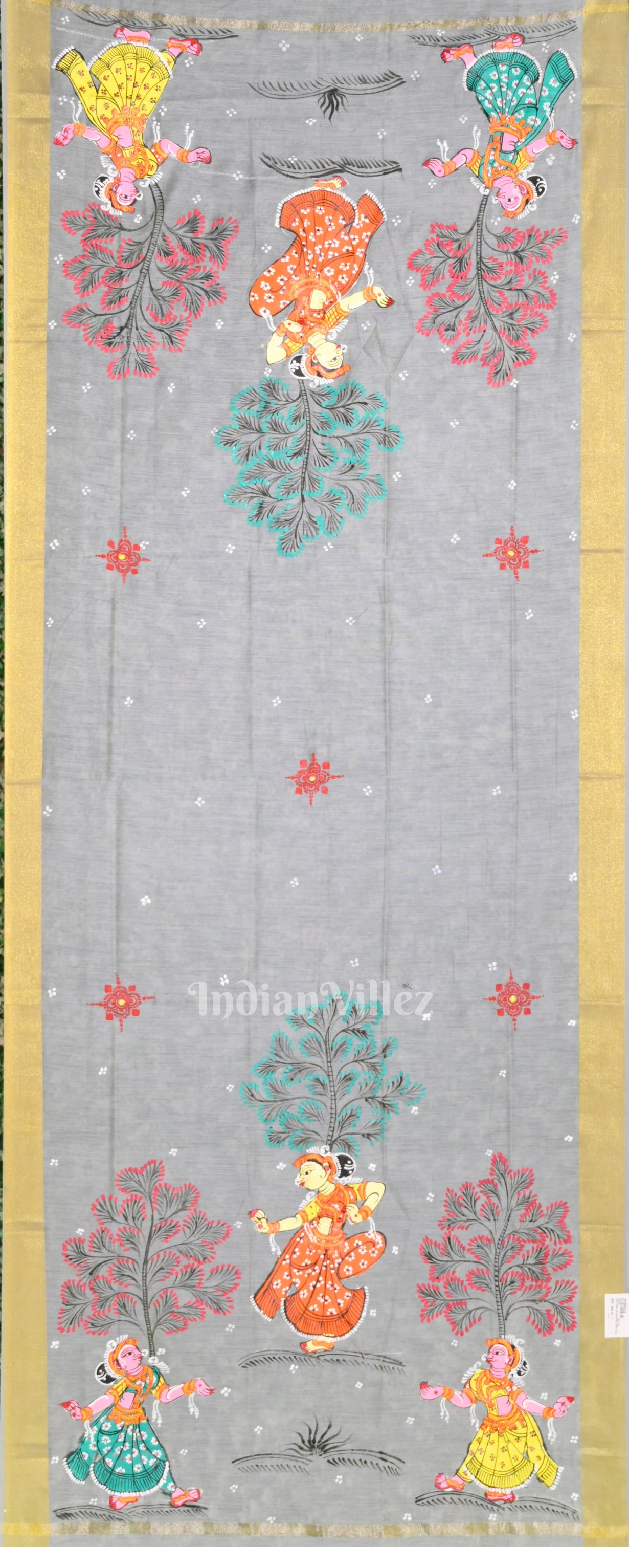 IndianVillèz Cement Gray Nartaki Hand-Painted Pattachitra Chanderi Dupatta