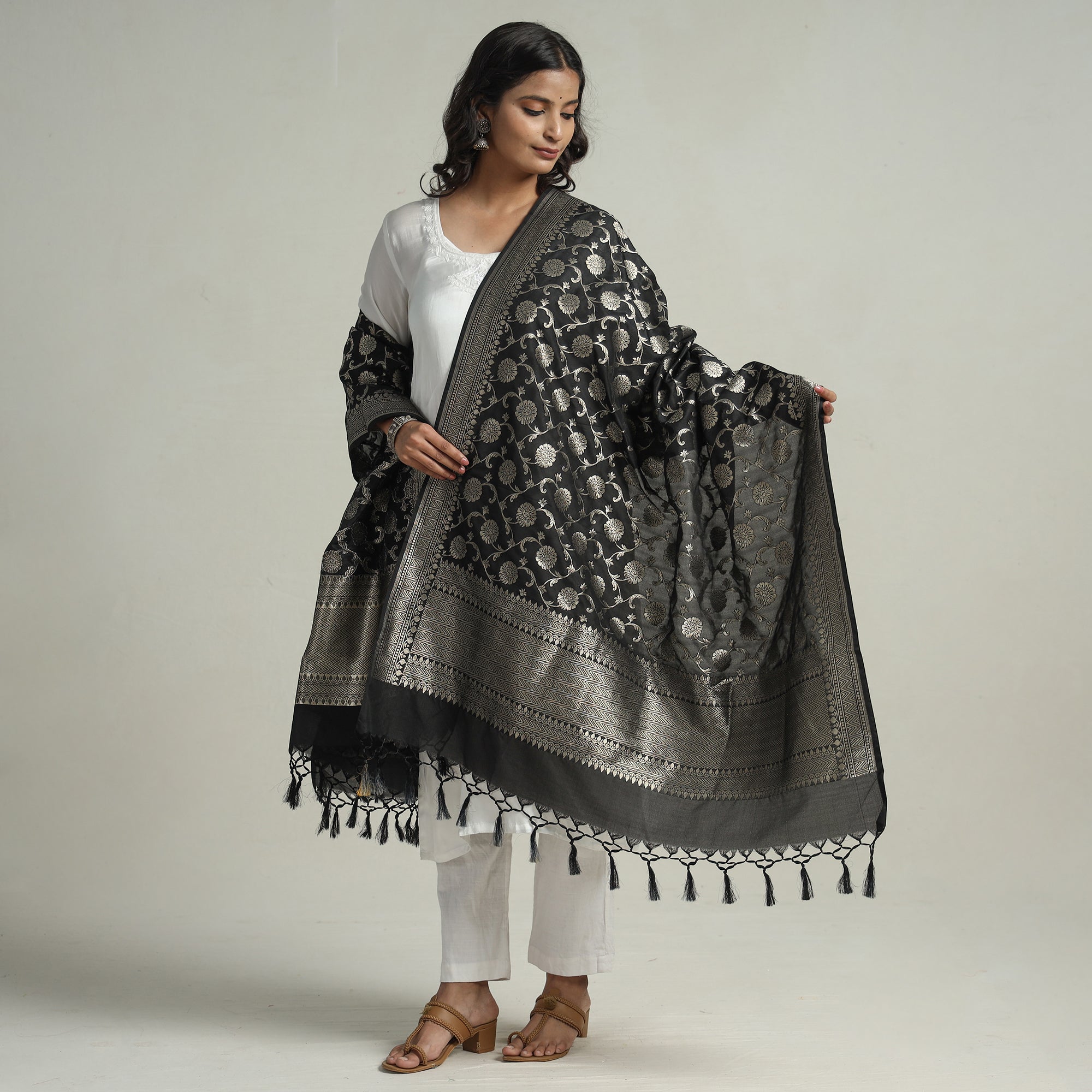 BANARASI BY MAQBUL HASAN Black - Banarasi Semi Silk Zari Jaal Dupatta with Tassels 80