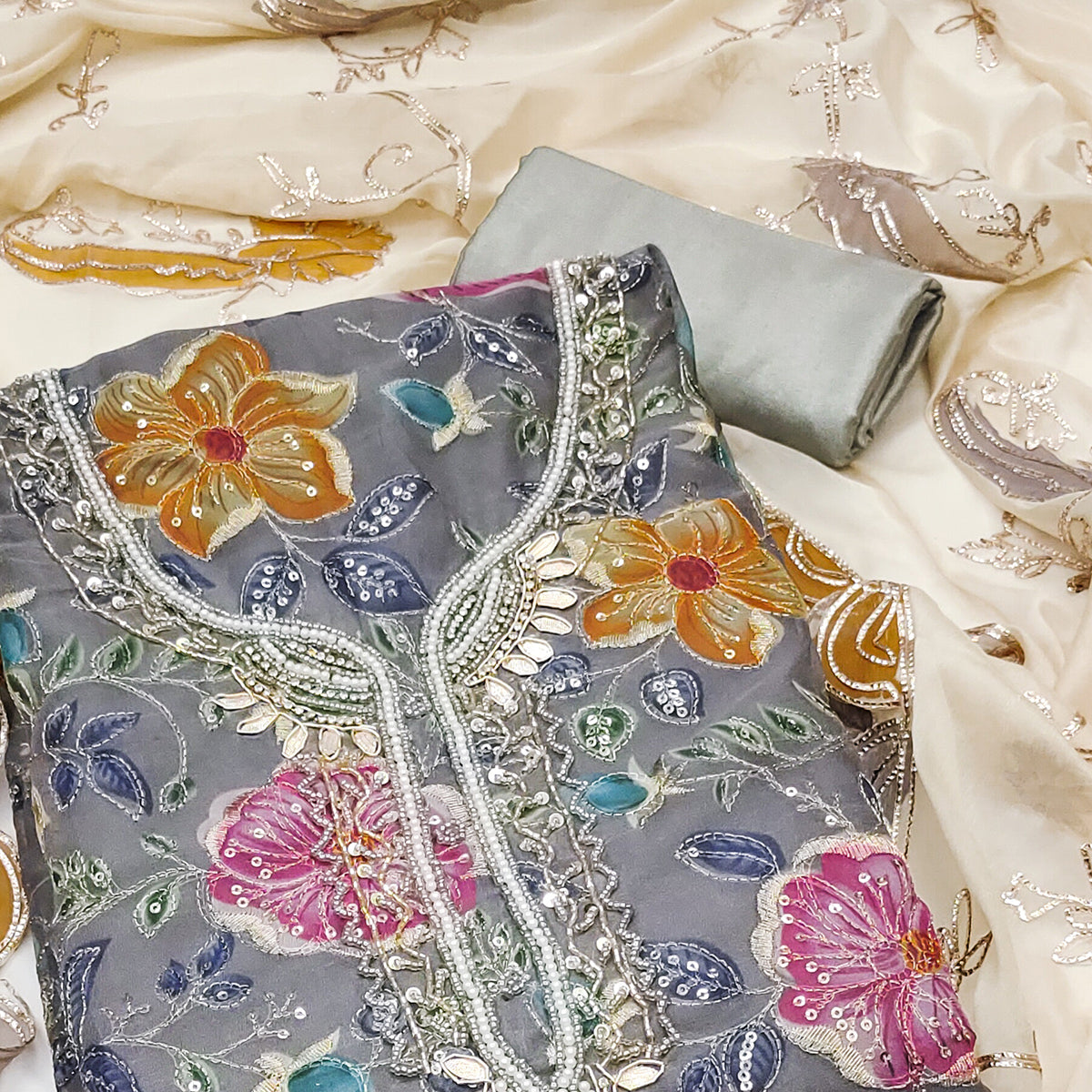 Peachmode Grey Sequins Embroidery With Handwork Organza Dress Material - view 2