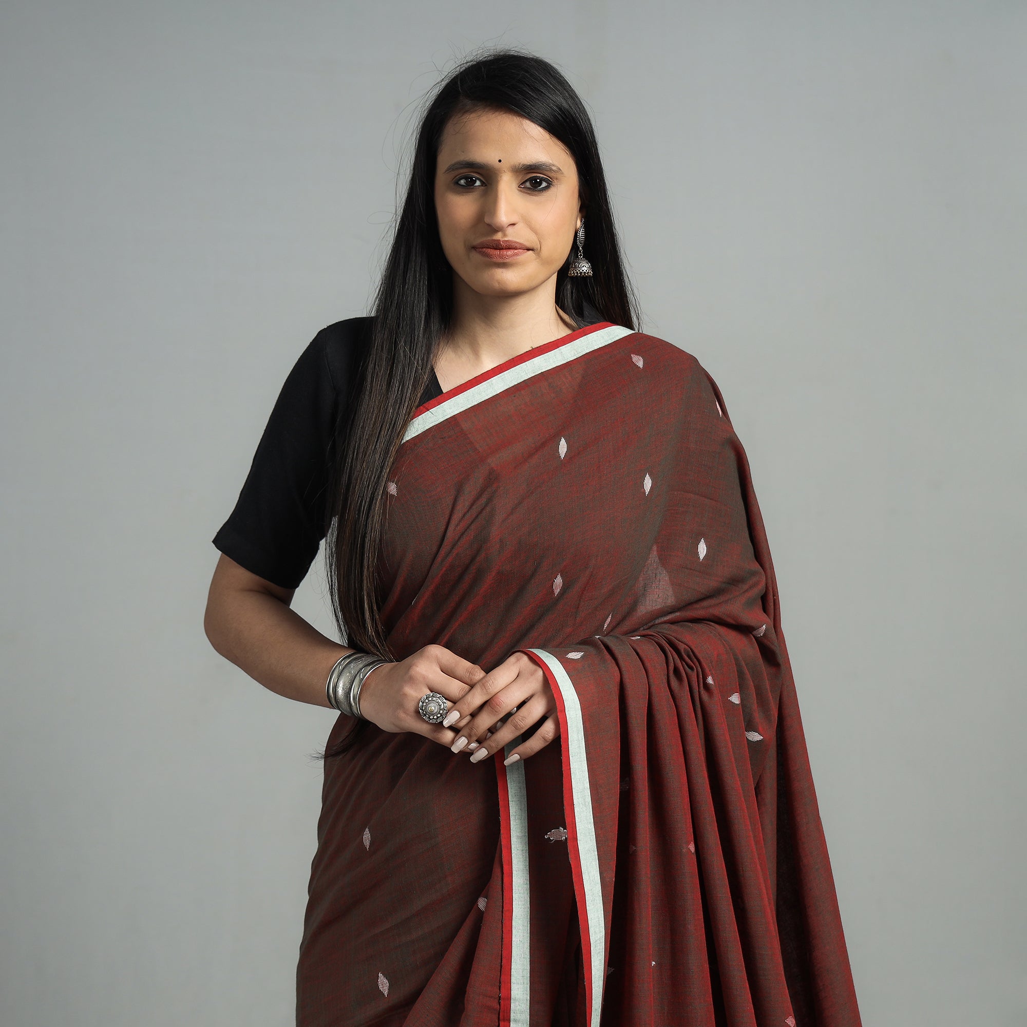 SASHA Brown - Handloom Cotton Phulia Jamdani Saree with Tassels - view 2