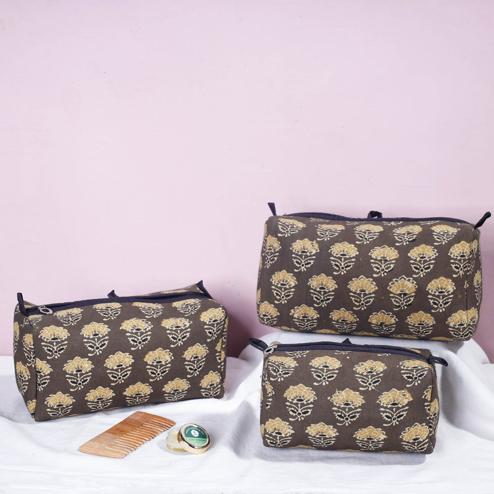ITOKRI CRAFTS INITIATIVE Brown - Ajrakh Block Printed Cotton Toiletry Bags (Set of 3)