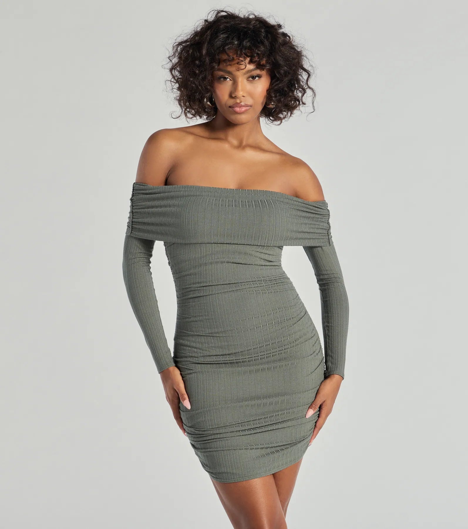 Windsor Flawless Style Knit Off-The-Shoulder Long Sleeve Mini Dress