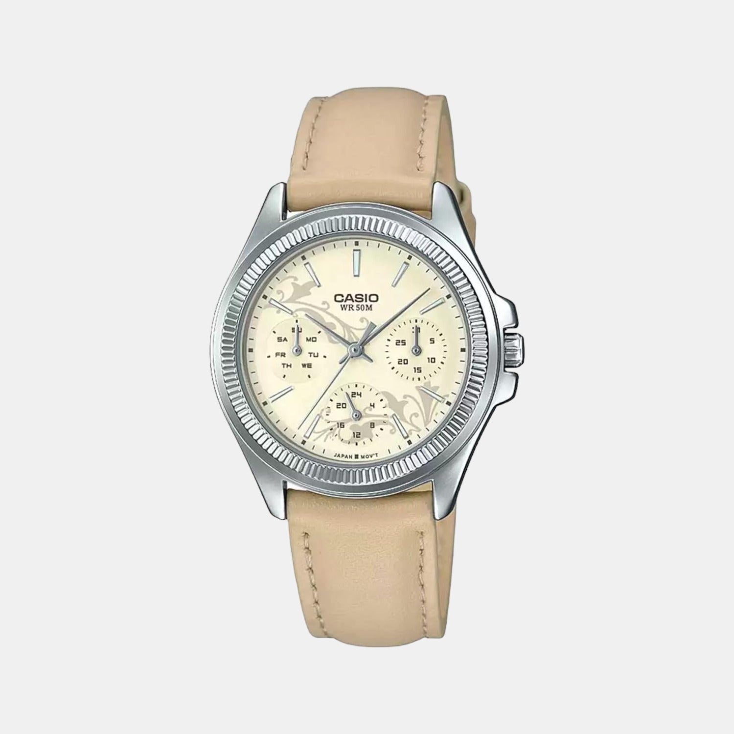Casio Enticer Women Quartz Yellow Dial Chronograph Leather Watch A1576