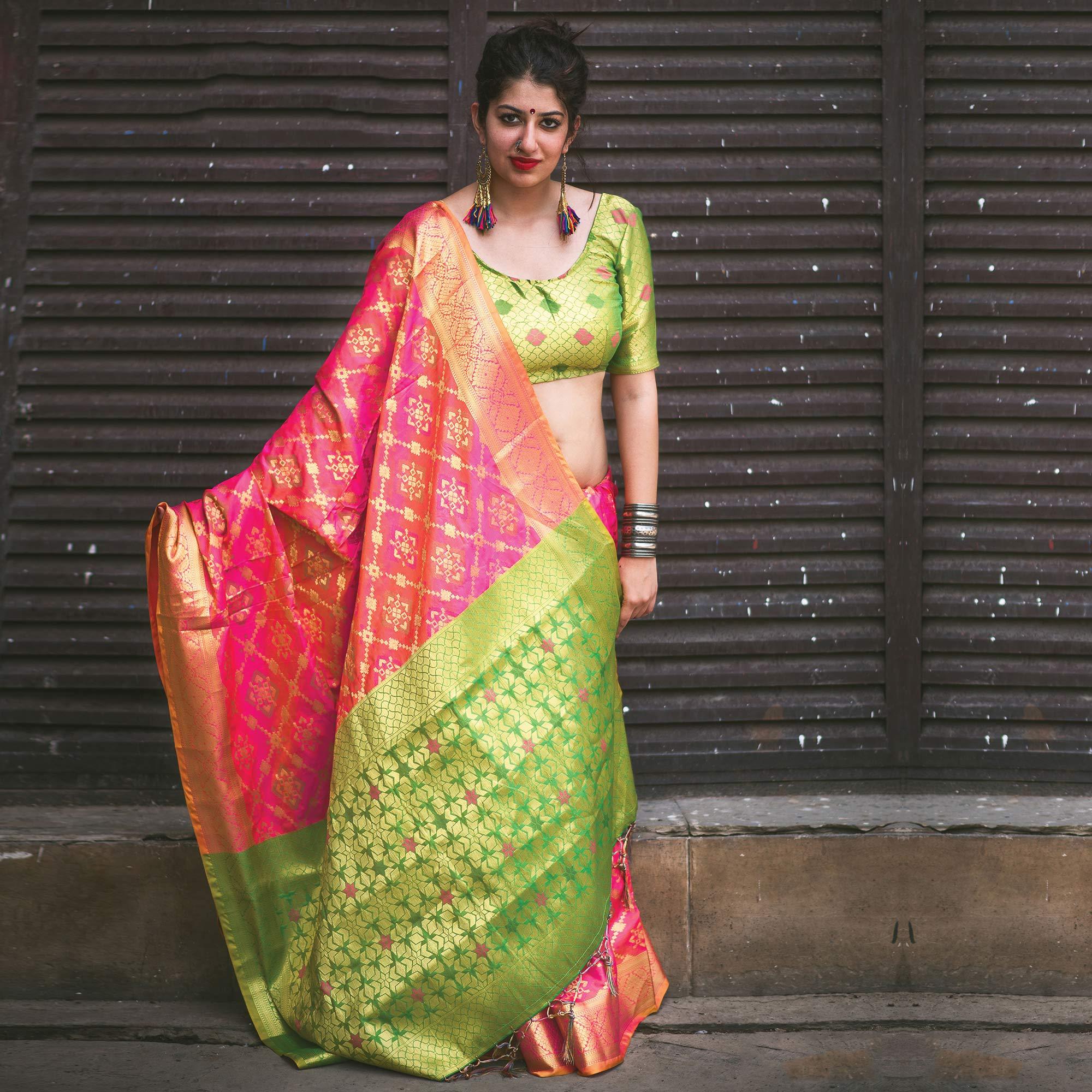 Peachmode Lovely Pink Colored Festive Wear Designer Woven Patola Silk Saree