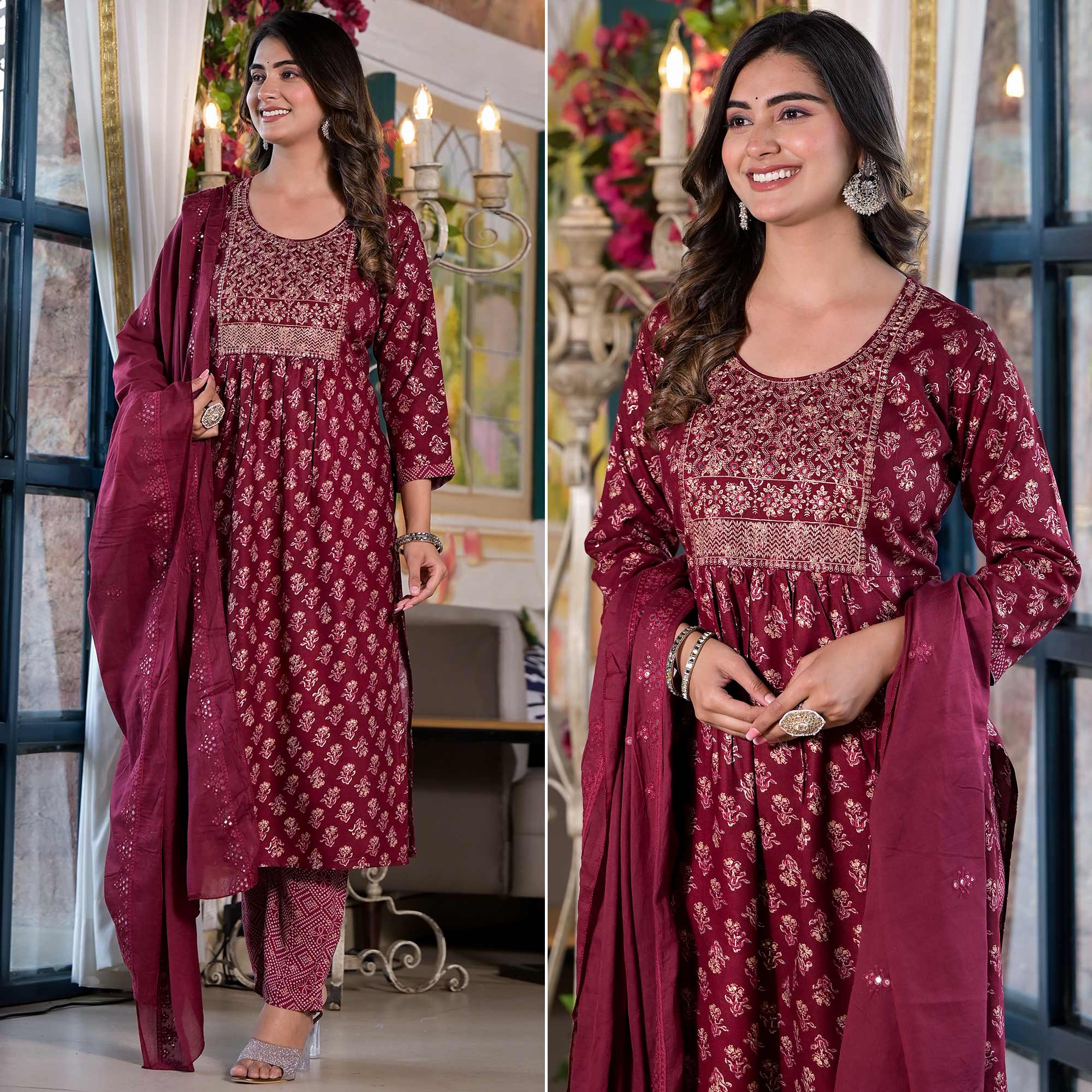 Peachmode Maroon Floral Naira Cut Rayon Salwar Suit With Mirror Work