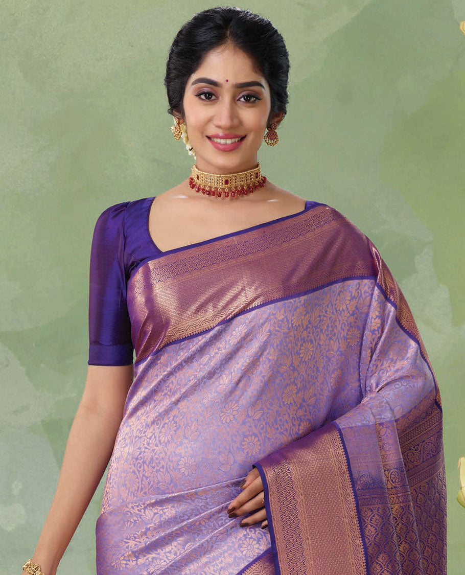 Pothys Violet jacquard kanchipuram silk saree, contrast jaal pallu & border of thilakam, neli kathir & jaal - view 2