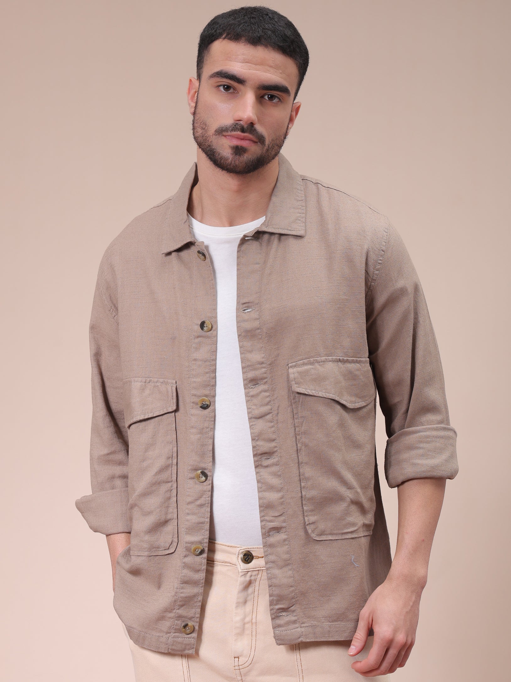 The Indian Garage Co Men's Beige Regular Fit Solid Overshirt