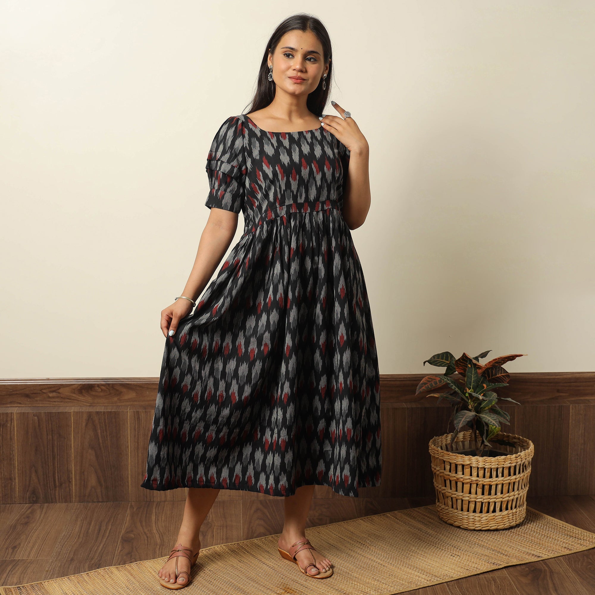 ITOKRI CASUALS Black - Pochampally Ikat Weave Cotton Flared Dress 15