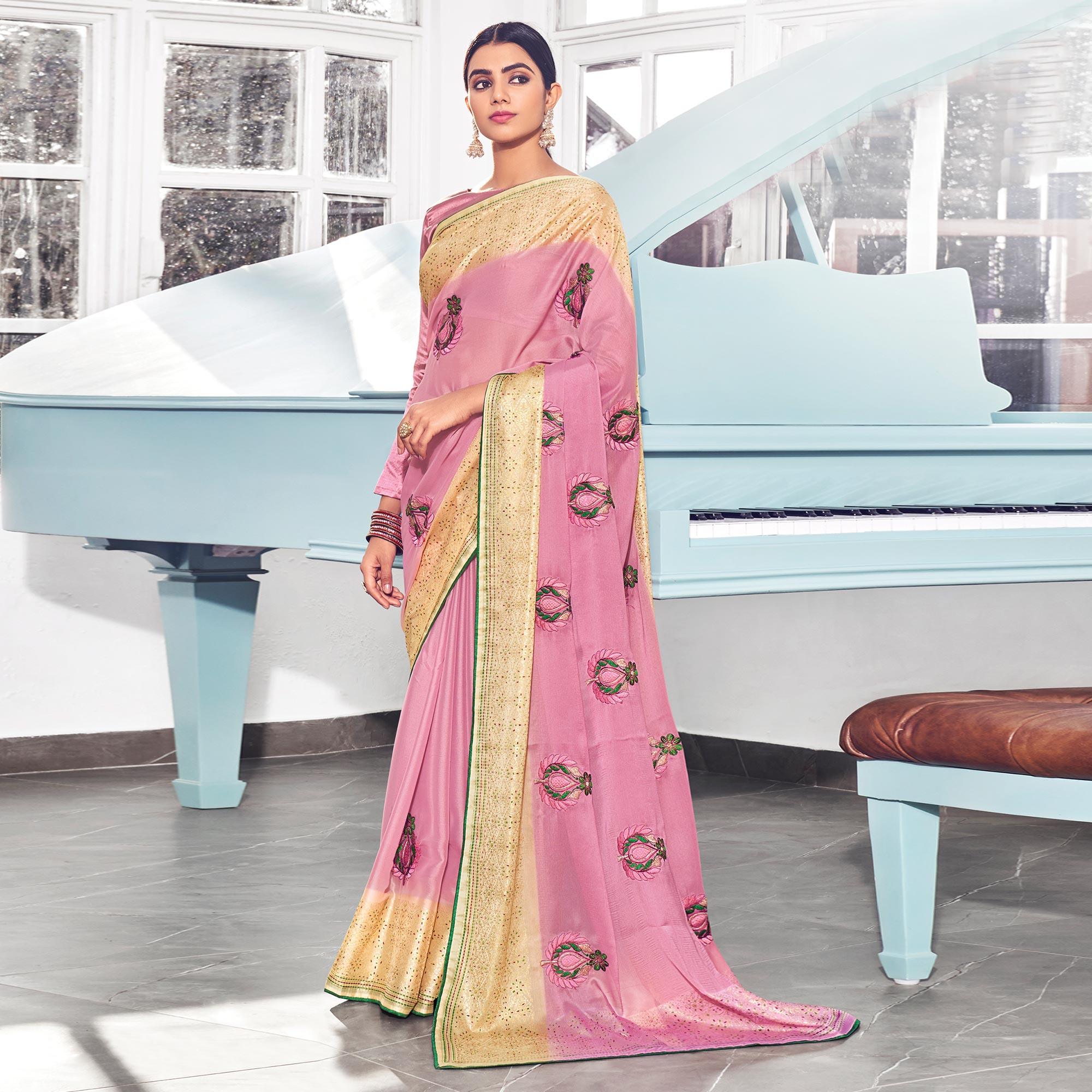 Peachmode Light Pink Floral Embroidered Chiffon Saree