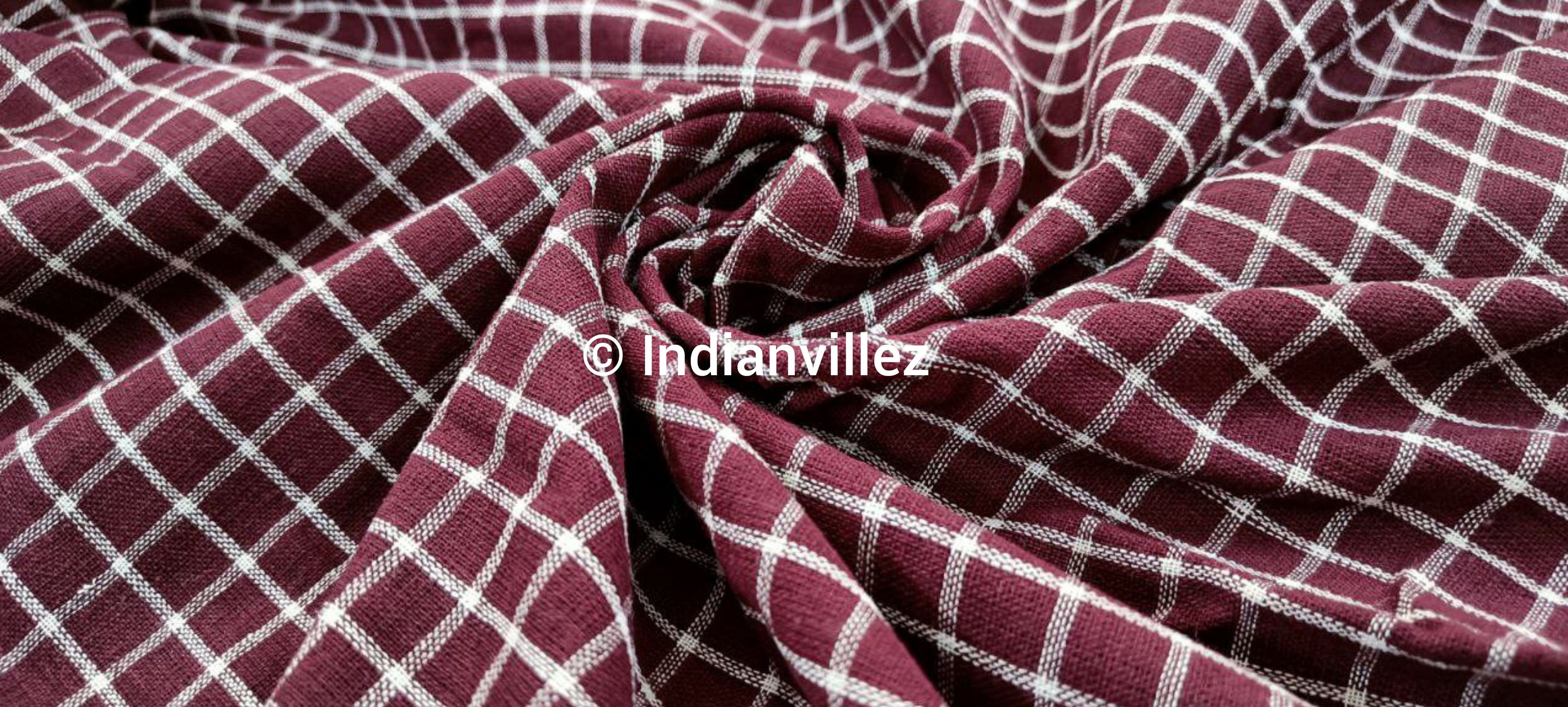 IndianVillèz Maroon Checkered Organic Natural Dyed Kotpad Handloom Fabric