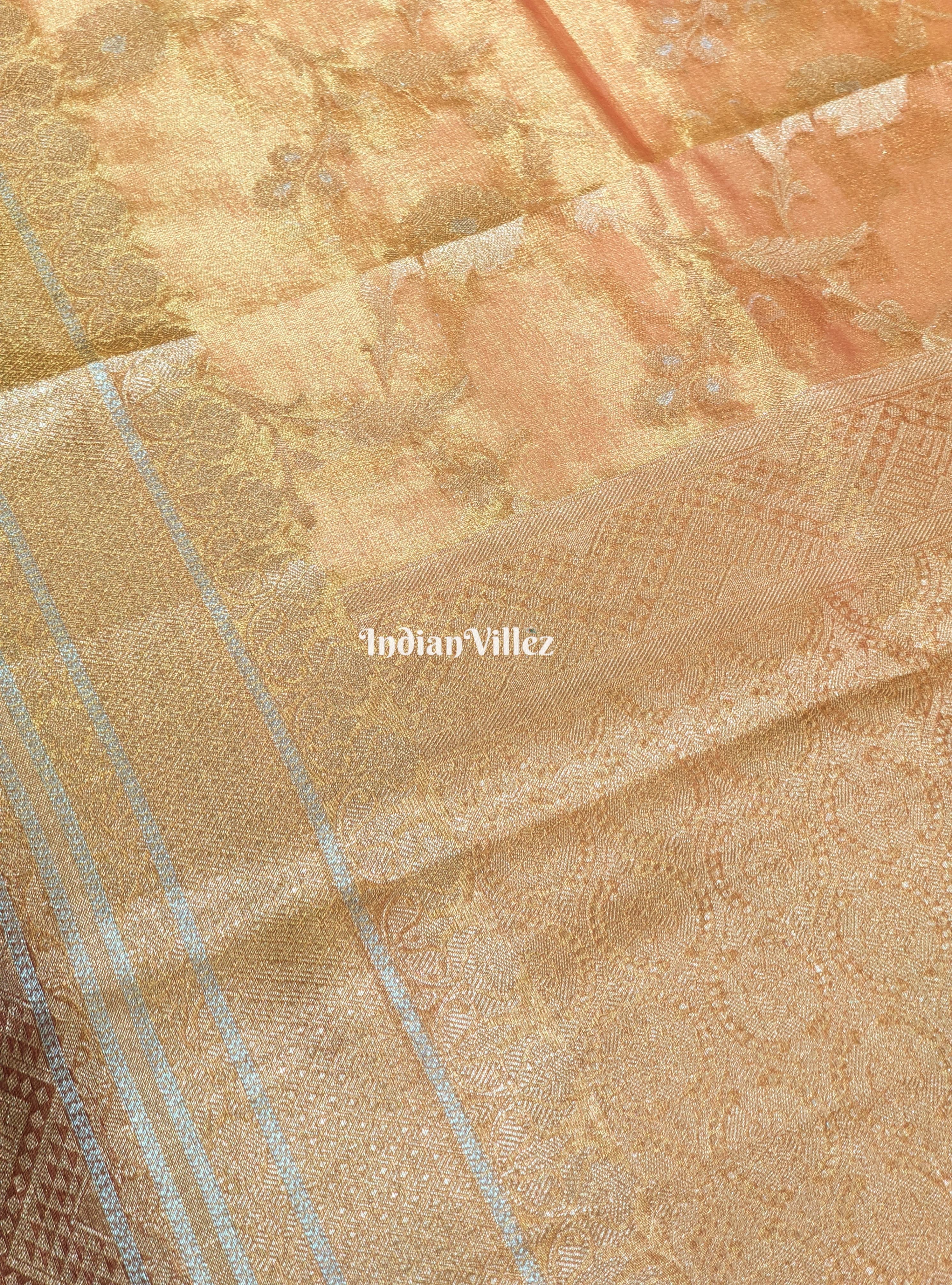 IndianVillèz Orange Golden Dual Tone Zari Woven Banarasi Tissue Saree - view 4