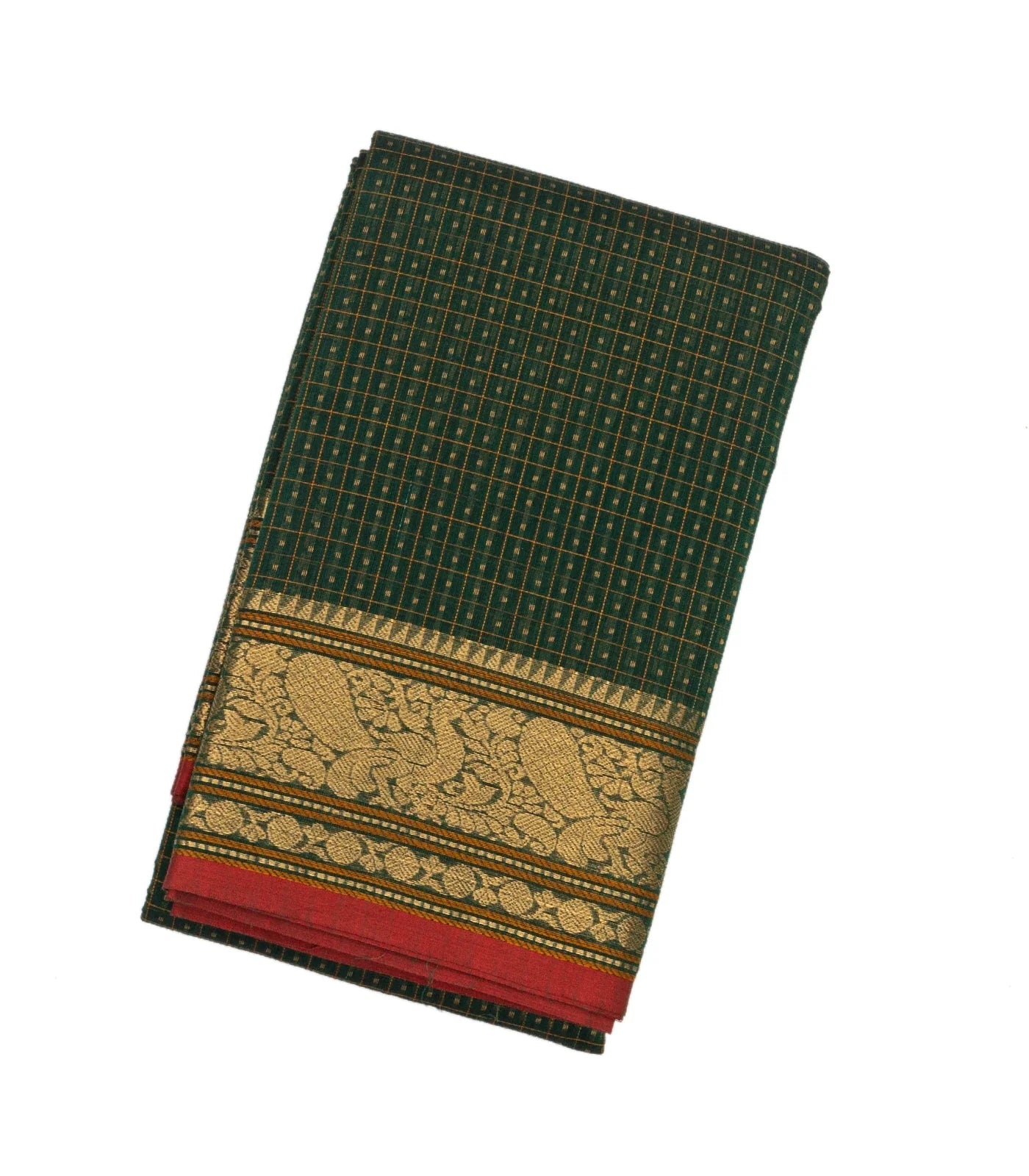 RmKV Dark Green Handloom Kanchi Cotton Saree With Checks