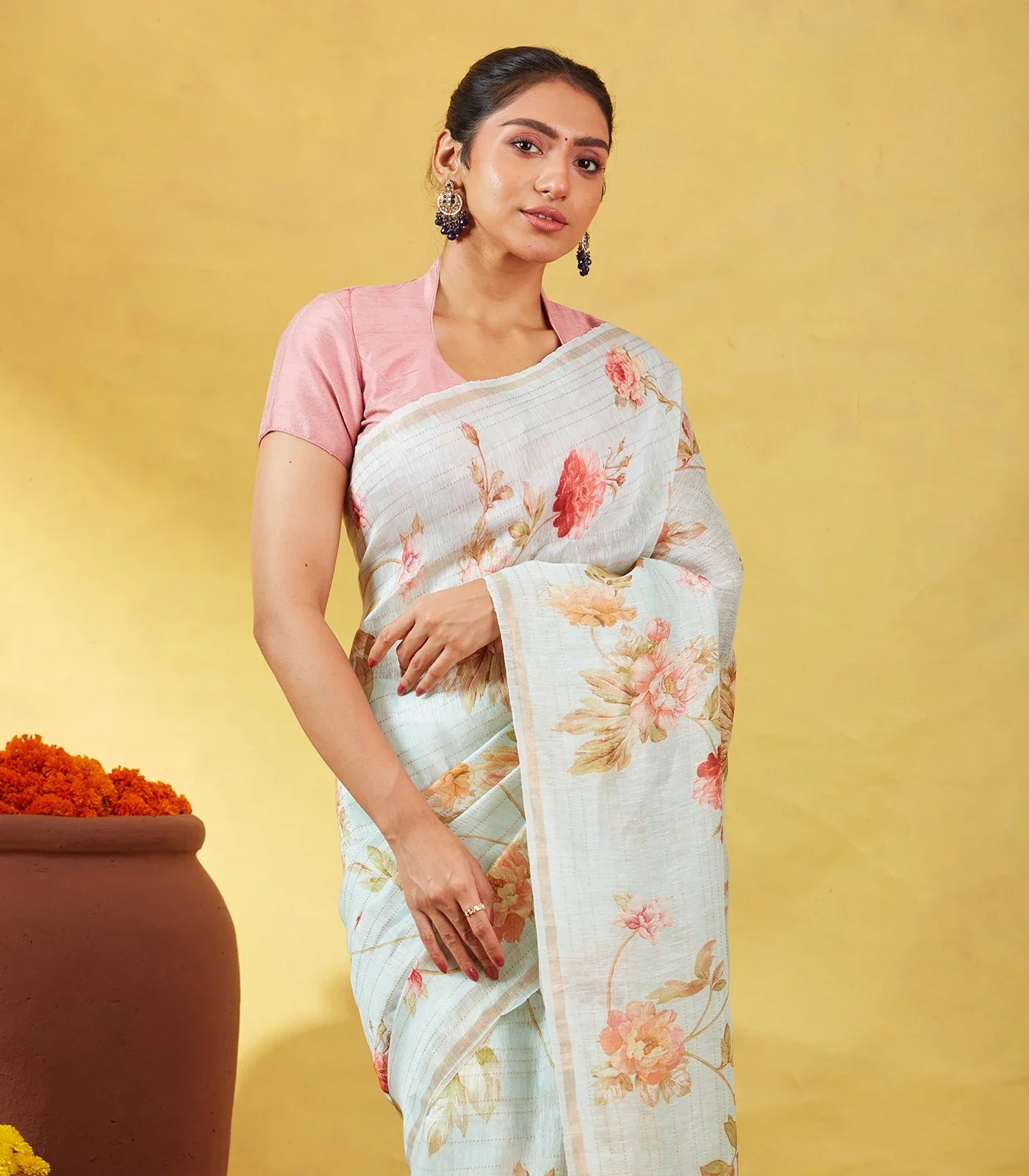RmKV Turquoise Handloom Linen Saree With Printed Floral Motifs & Stripes - view 2