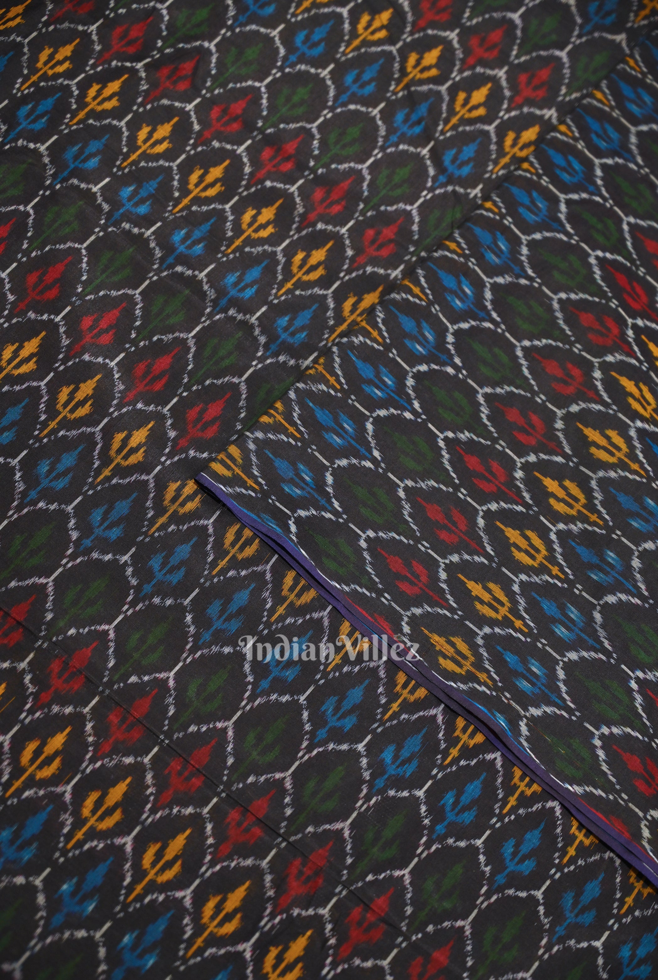 IndianVillèz Black Tribal Motif Pochampally Ikat Silk & Cotton (Sico) Fabric - view 2