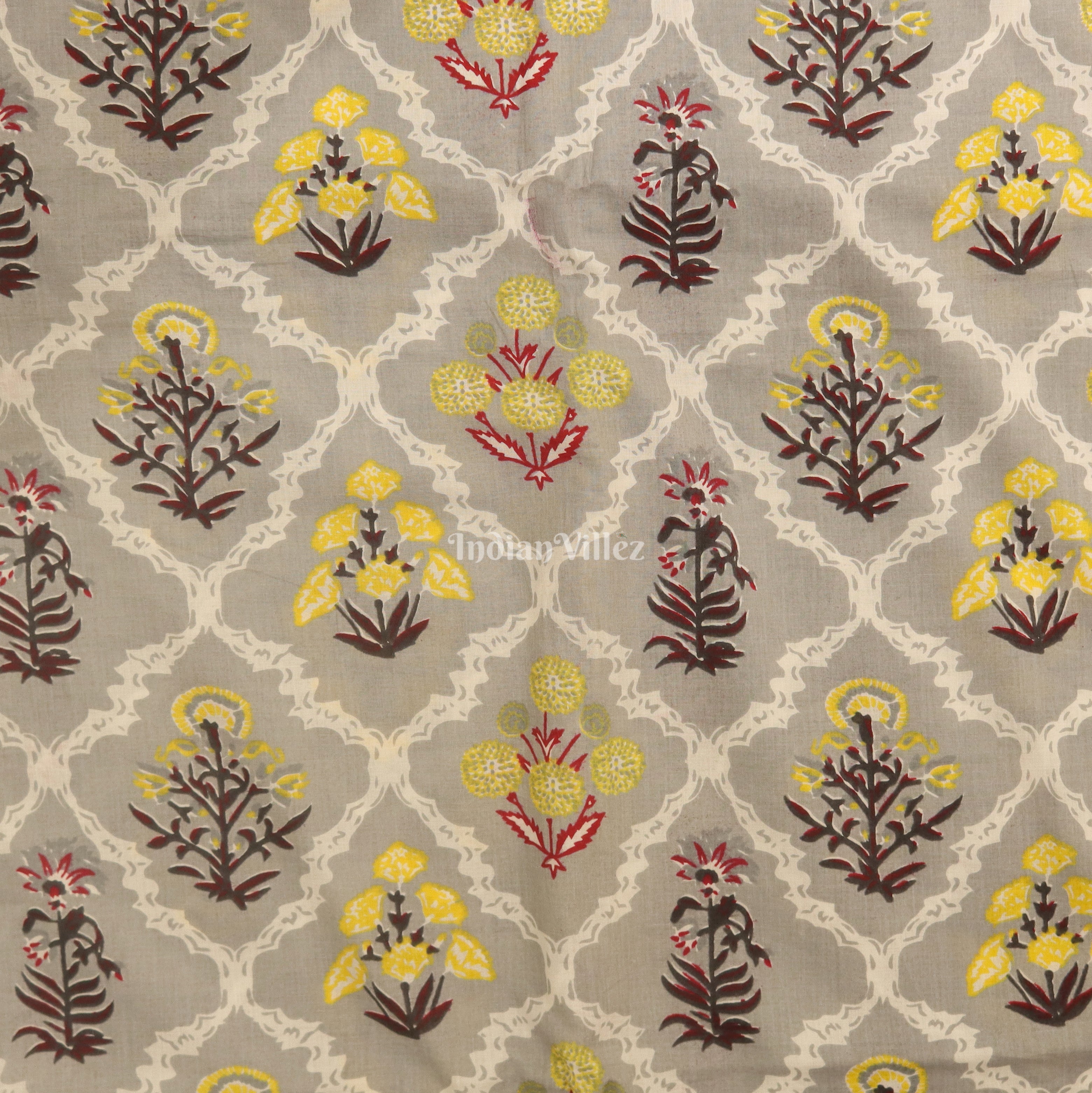 IndianVillèz Gray Flower Motif Hand Block Printed Cotton Fabric - view 2