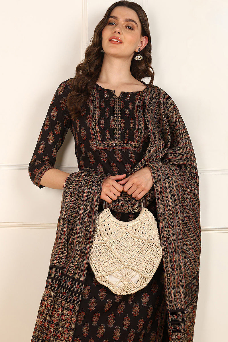Ahika Brown Cotton Floral Printed Straight Suit Set JPSKD1007BRN - view 3