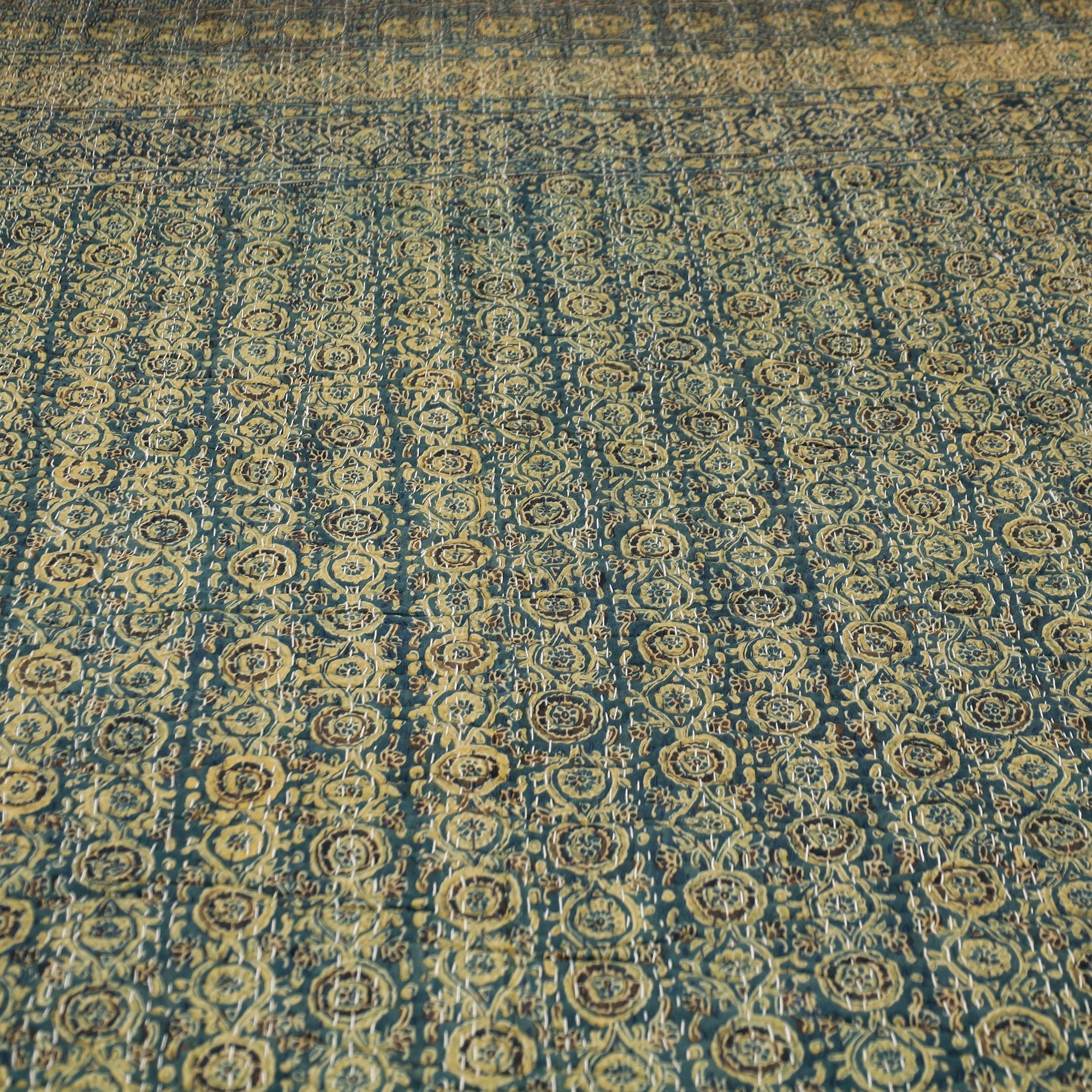 SHADES OF MARUDHARA Blue - Ajrakh Block Printed Kantha Work Cotton Double Bed Cover (105 x 90 in) - view 3