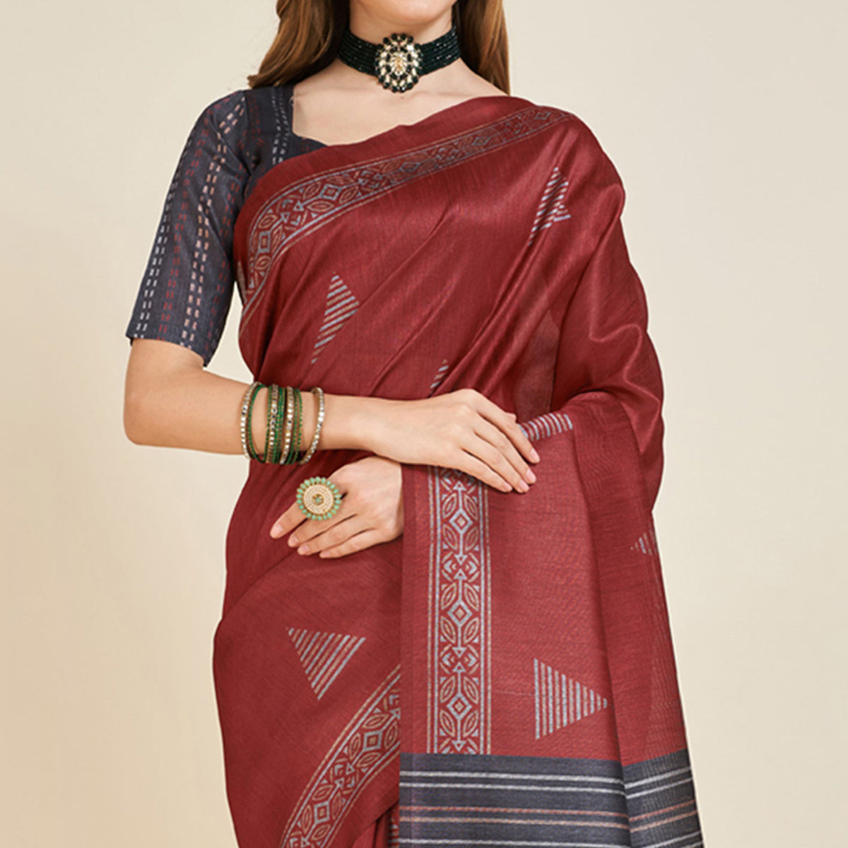 Peachmode Maroon Digital Printed Bhagalpuri Silk Saree With Tassels - view 3