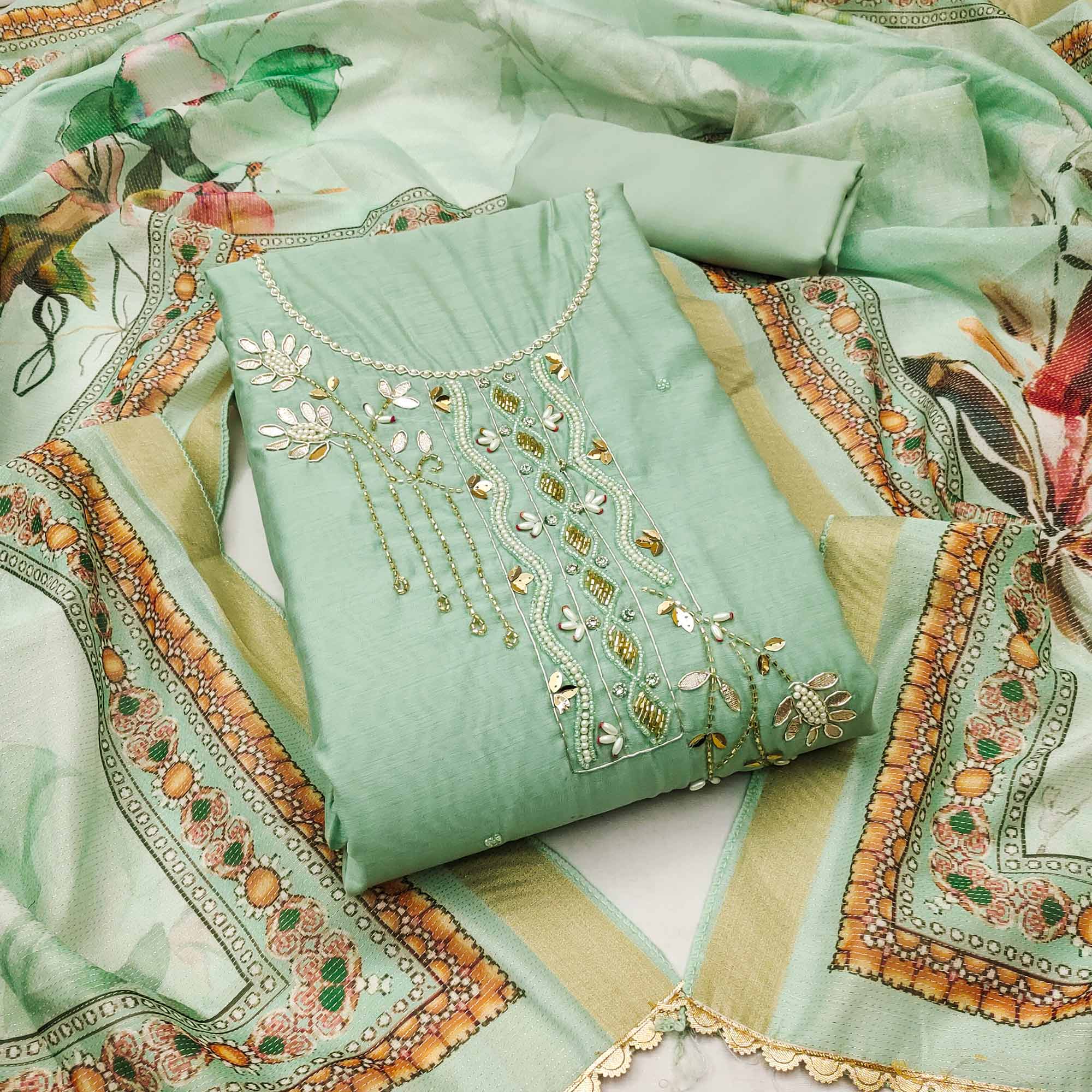 Green dresses – BlackTree green-floral-hand-embroidery-chanderi-dress-material