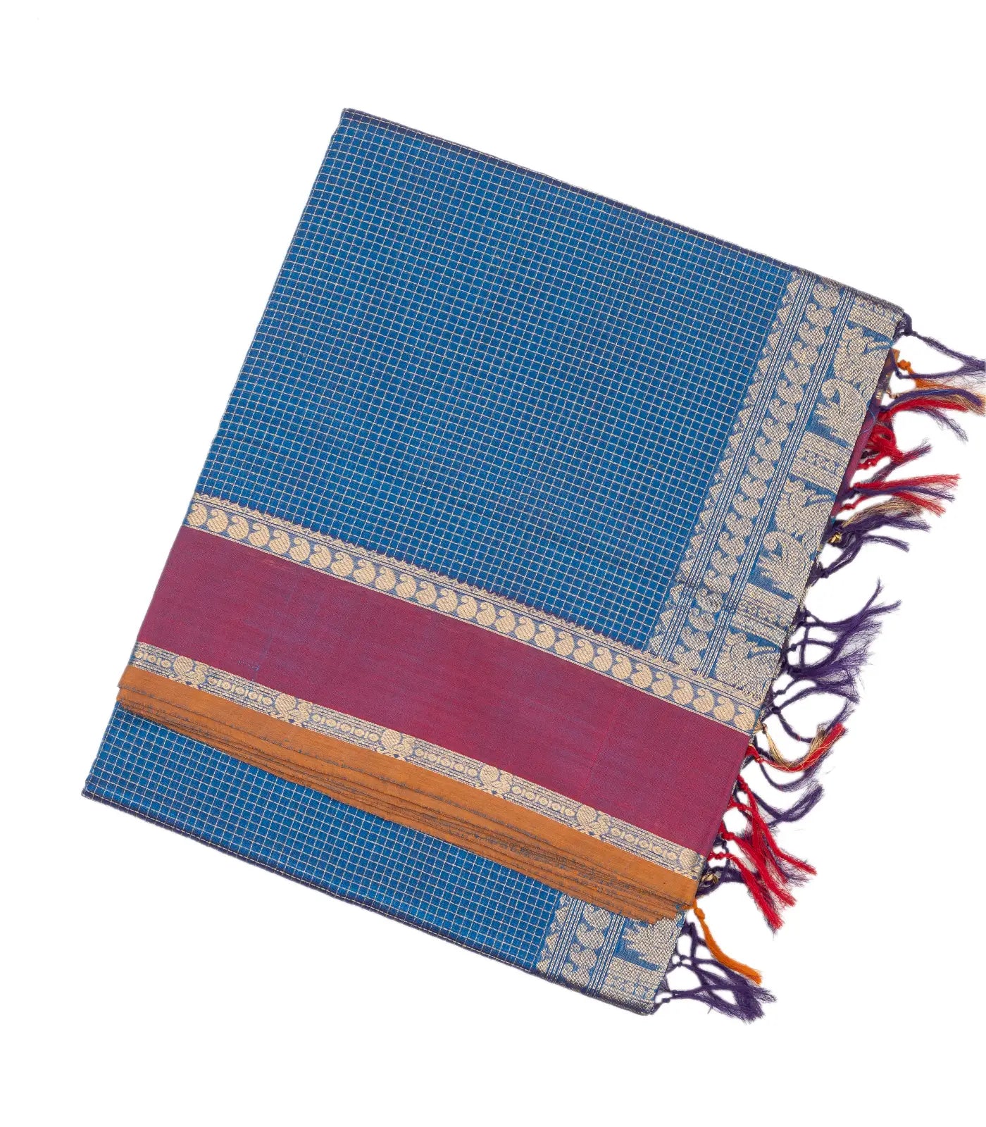 RmKV Blue Handloom Silk Cotton Saree With Checks