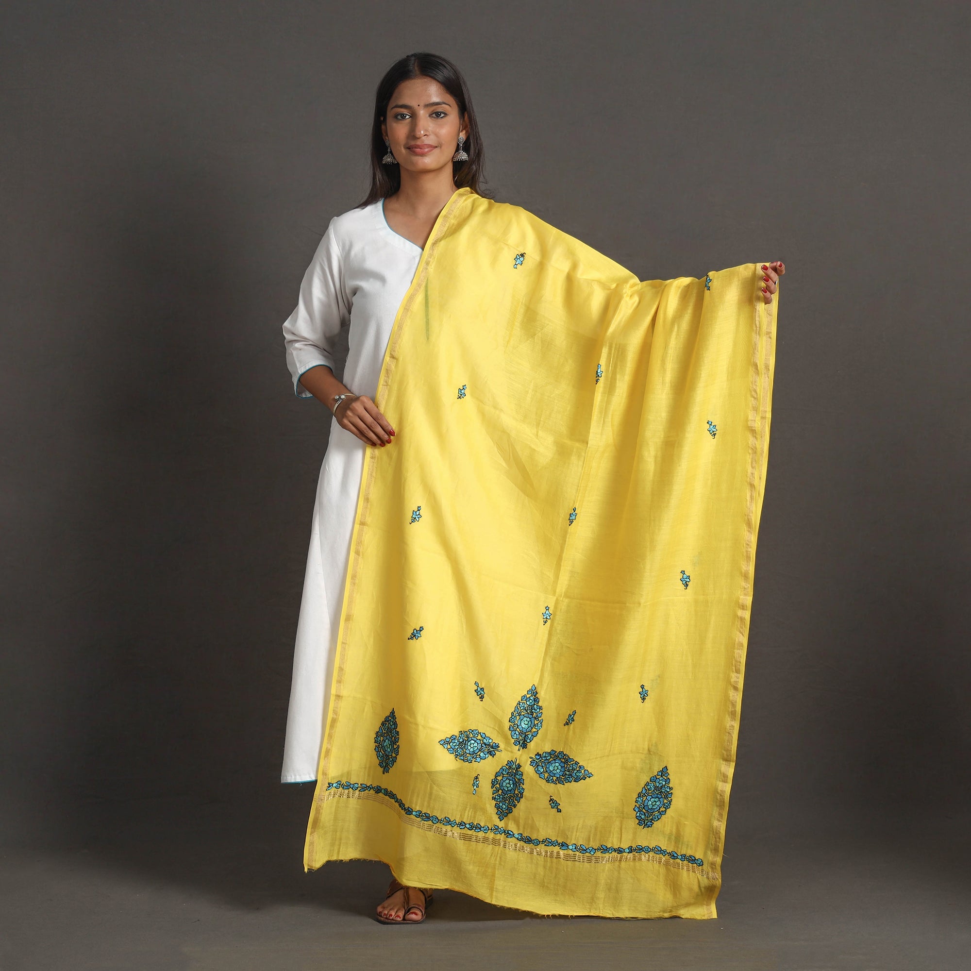 ITOKRI CRAFTS INITIATIVE Handloom Chanderi Silk Kashida Embroidery Dupatta 15