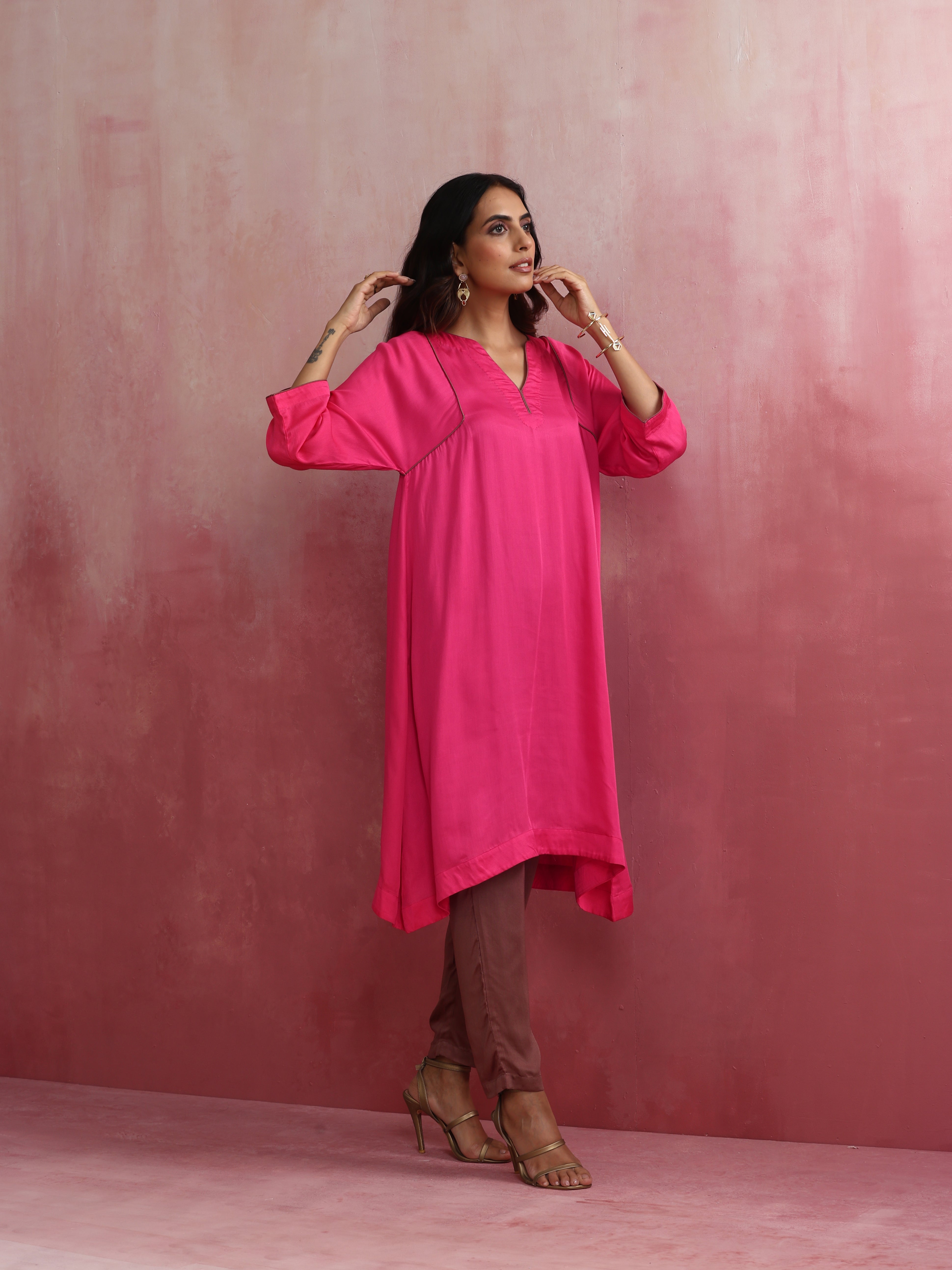 trueBrowns Pink Modal Kimono Kurta Co-ord Set - view 2