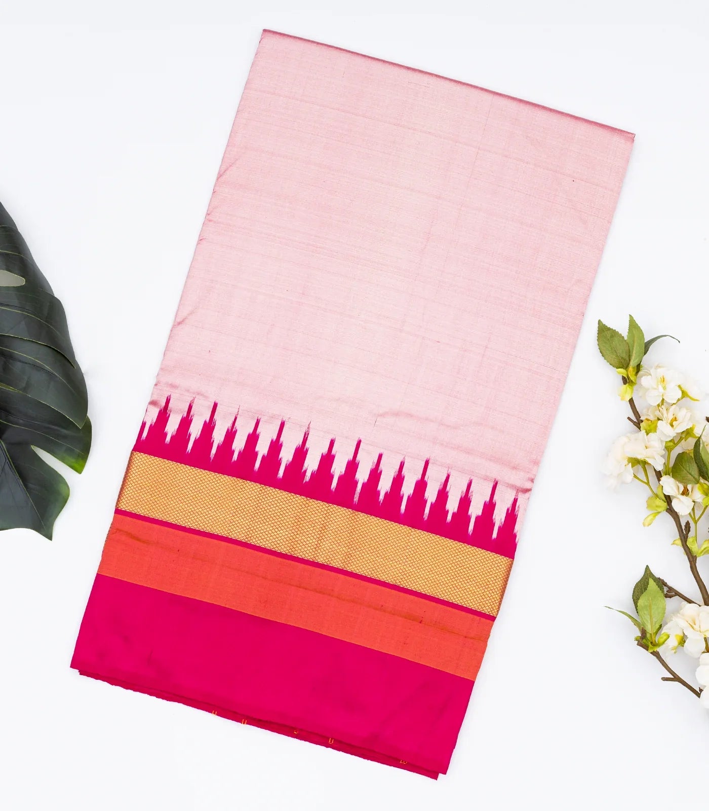 RmKV Dusty Pink Handloom Ikat Silk Saree With Contrast Pink Border