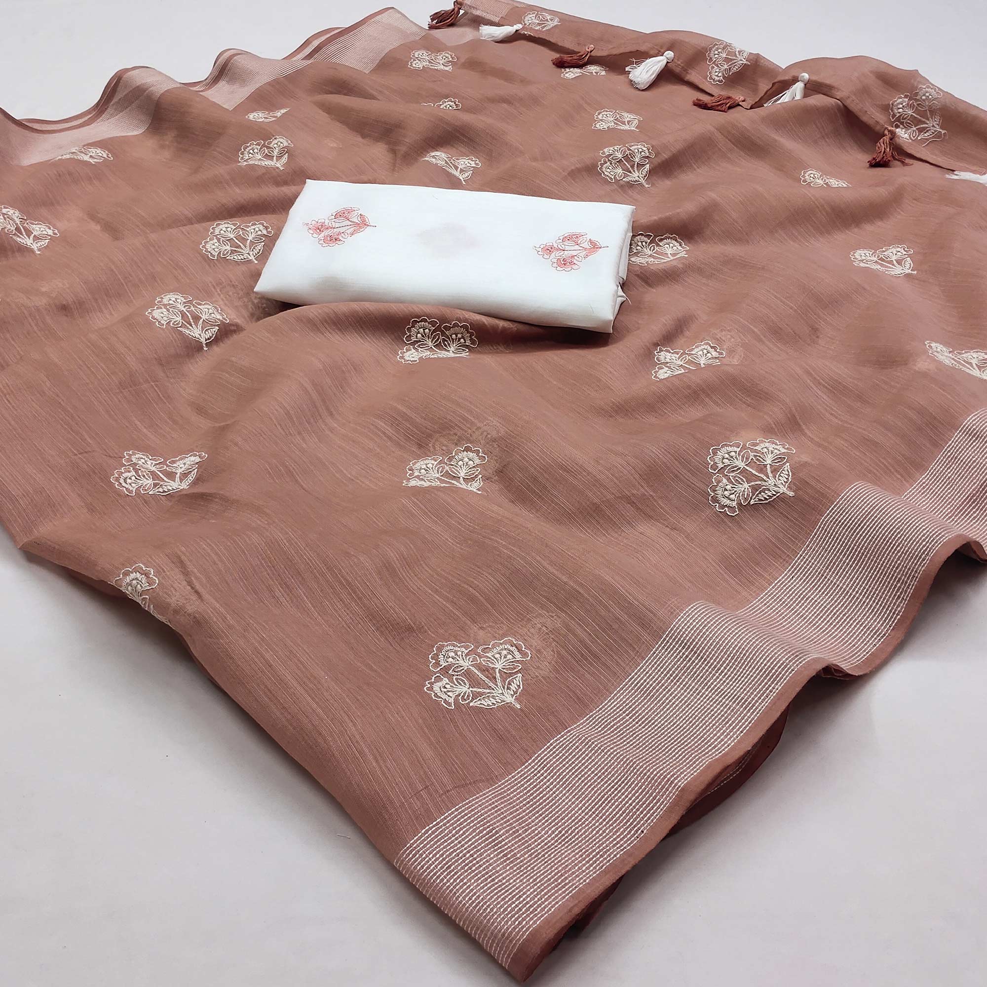 Peachmode Brown Floral Embroidered Raw Silk Saree