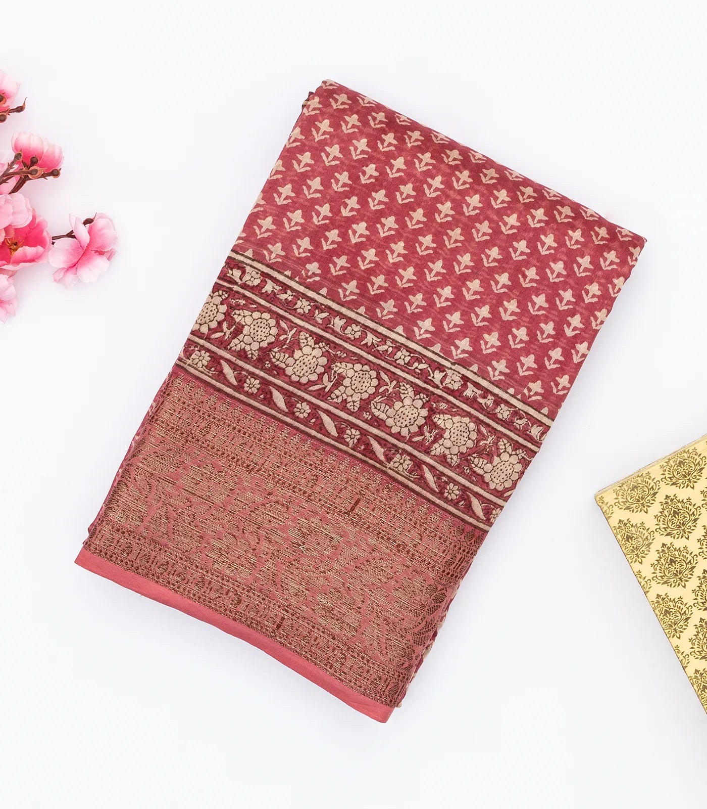 RmKV Dusty Pink Handloom Chanderi Cotton Saree Printed With Floral Motifs