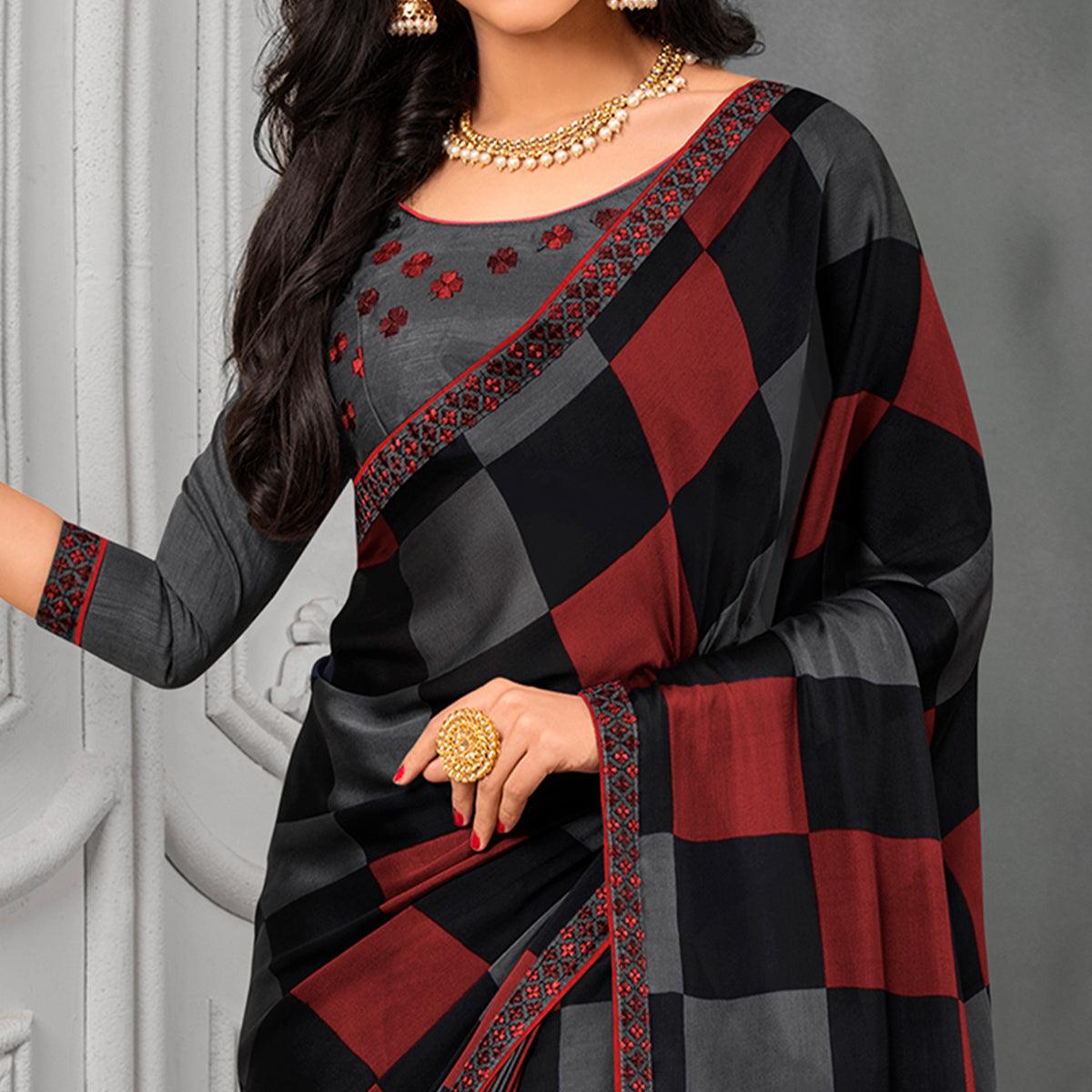 Peachmode Elegant Grey-Maroon Colored Partywear Printed Chiffon Saree - view 2