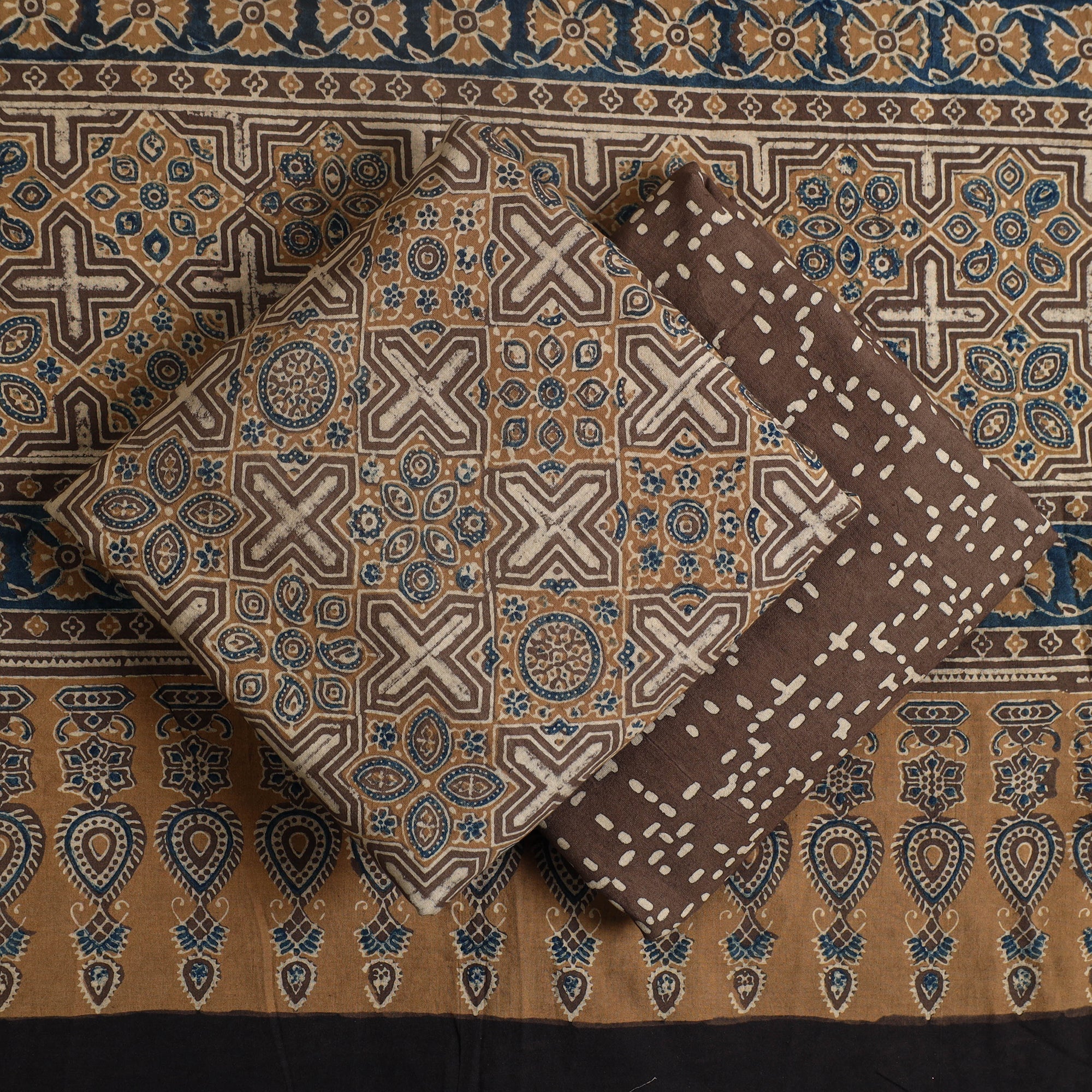 AJRAKH BY SUFIYAN ISMAIL KHATRI Brown - Hand Block Print Cotton 3pc Ajrakh Dress Material 01 - view 2