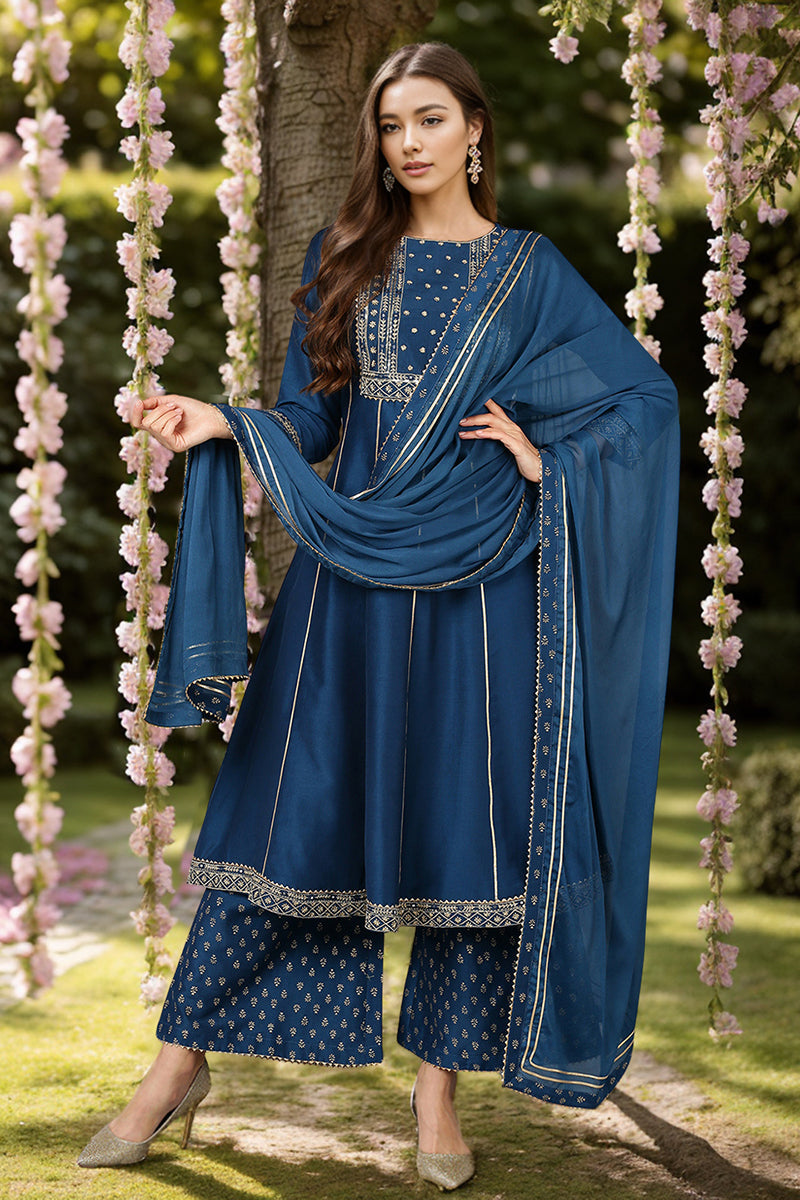 Ahika Teal Blue Silk Blend Ethnic Motifs Anarkali Suit Set PKSKD1930