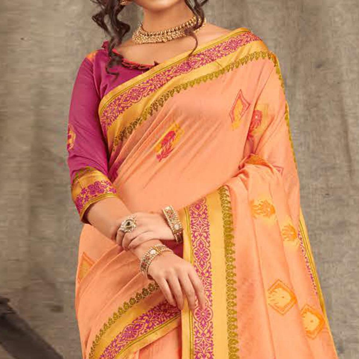 Peachmode Eye-catching Light Peach Colored Festive Wear Woven Cotton Handloom Saree - view 2