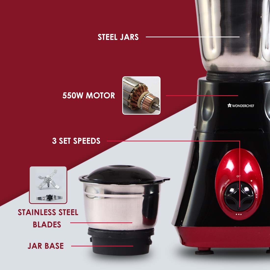 Wonderchef Vietri Mixer Grinder, 550W with 3 Anti-rust Stainless - view 11