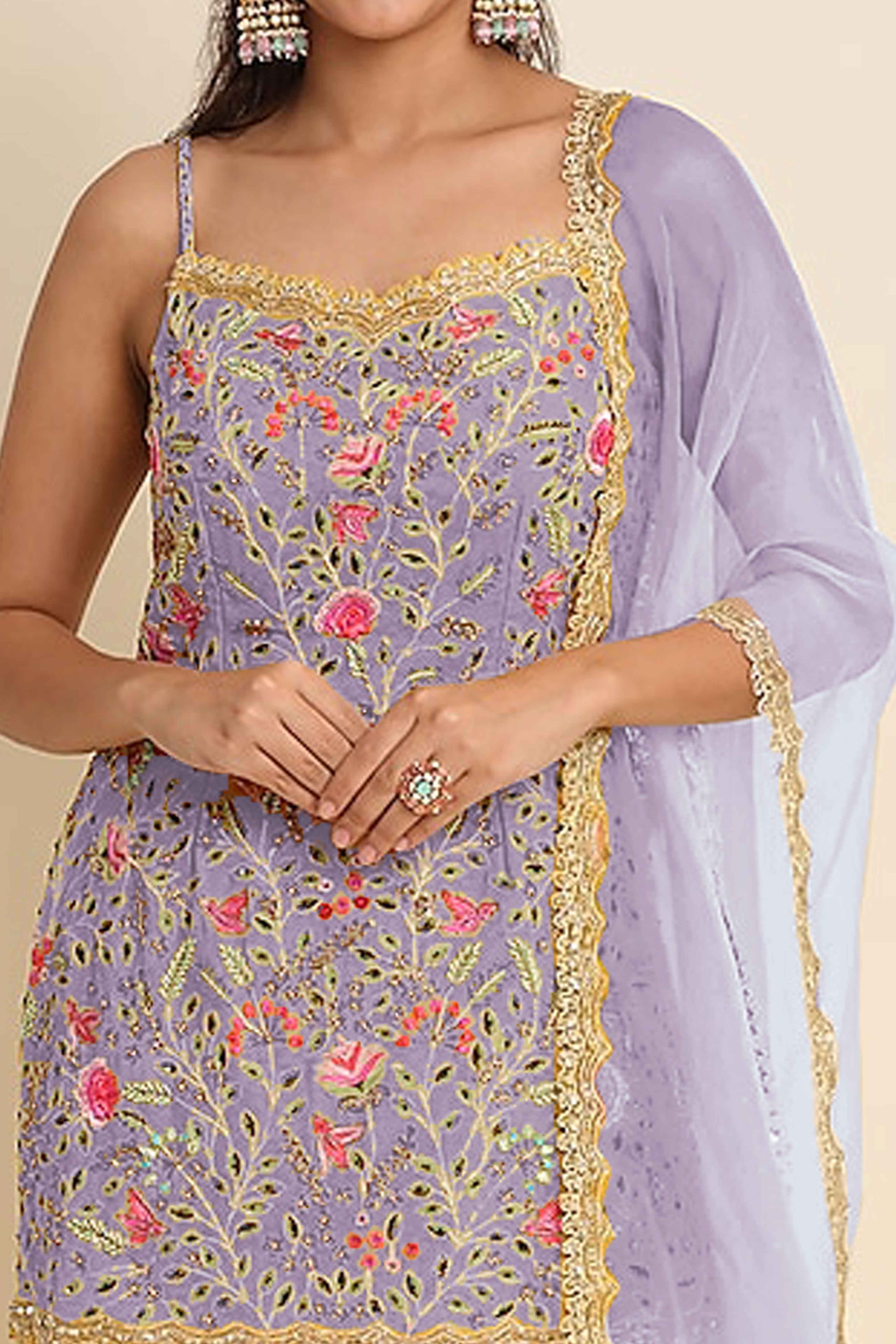 Peachmode Lavender Floral Sequins Embroidered Georgette Semi Stitched Suit - view 2