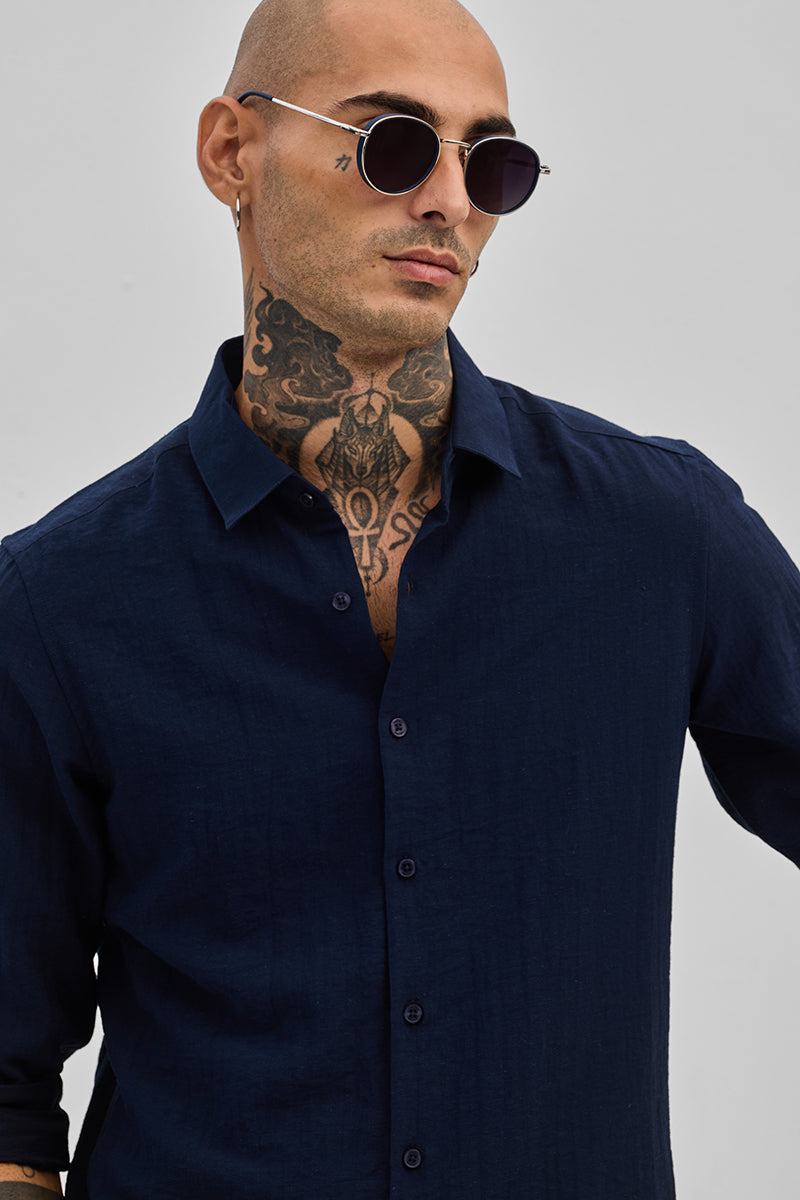 SNITCH Navy Slim Fit Linen Shirt - view 4