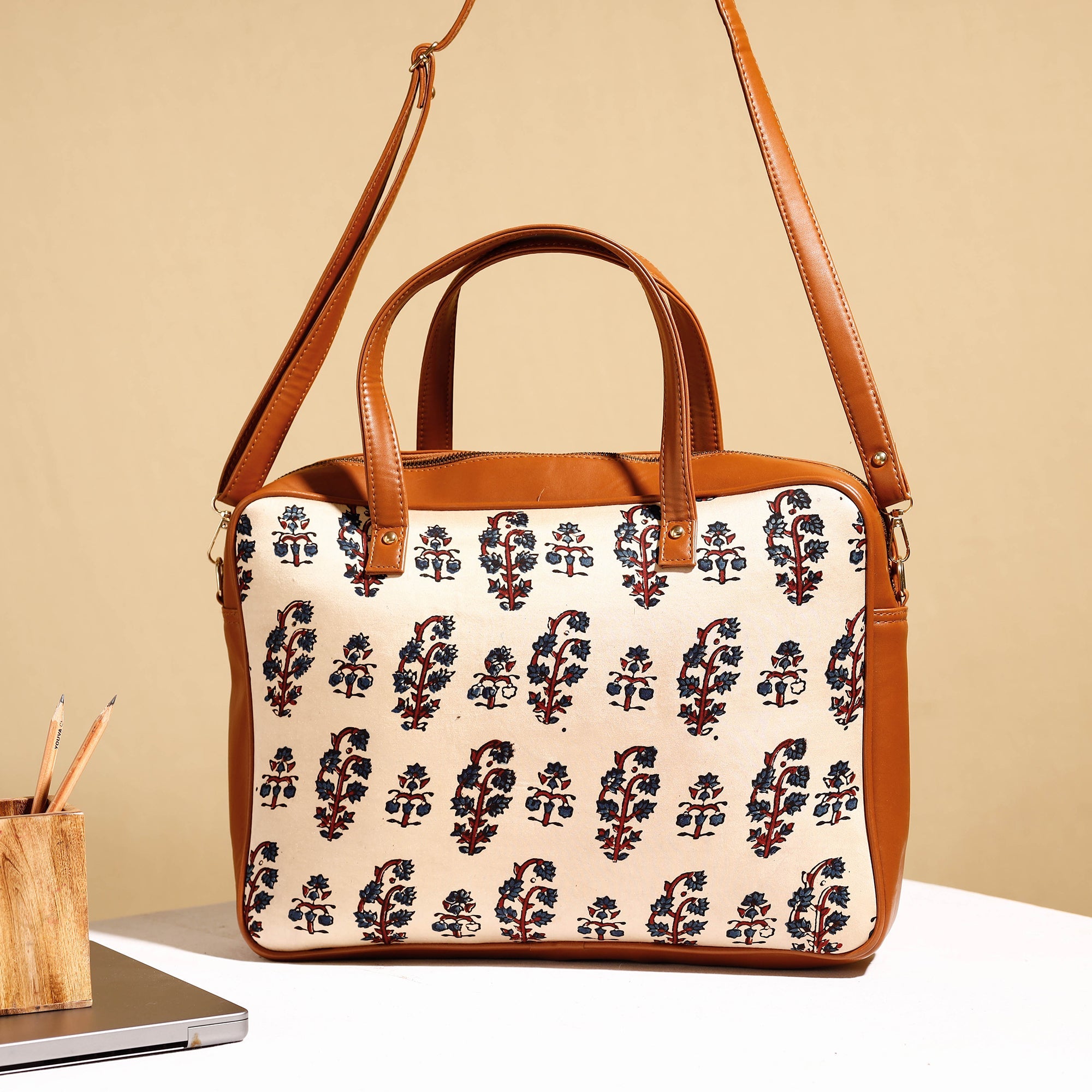 ITOKRI CRAFTS INITIATIVE Beige - Handcrafted Ajrakh Block Printed Modal Silk Laptop Bag (15 x 13 in) - view 2
