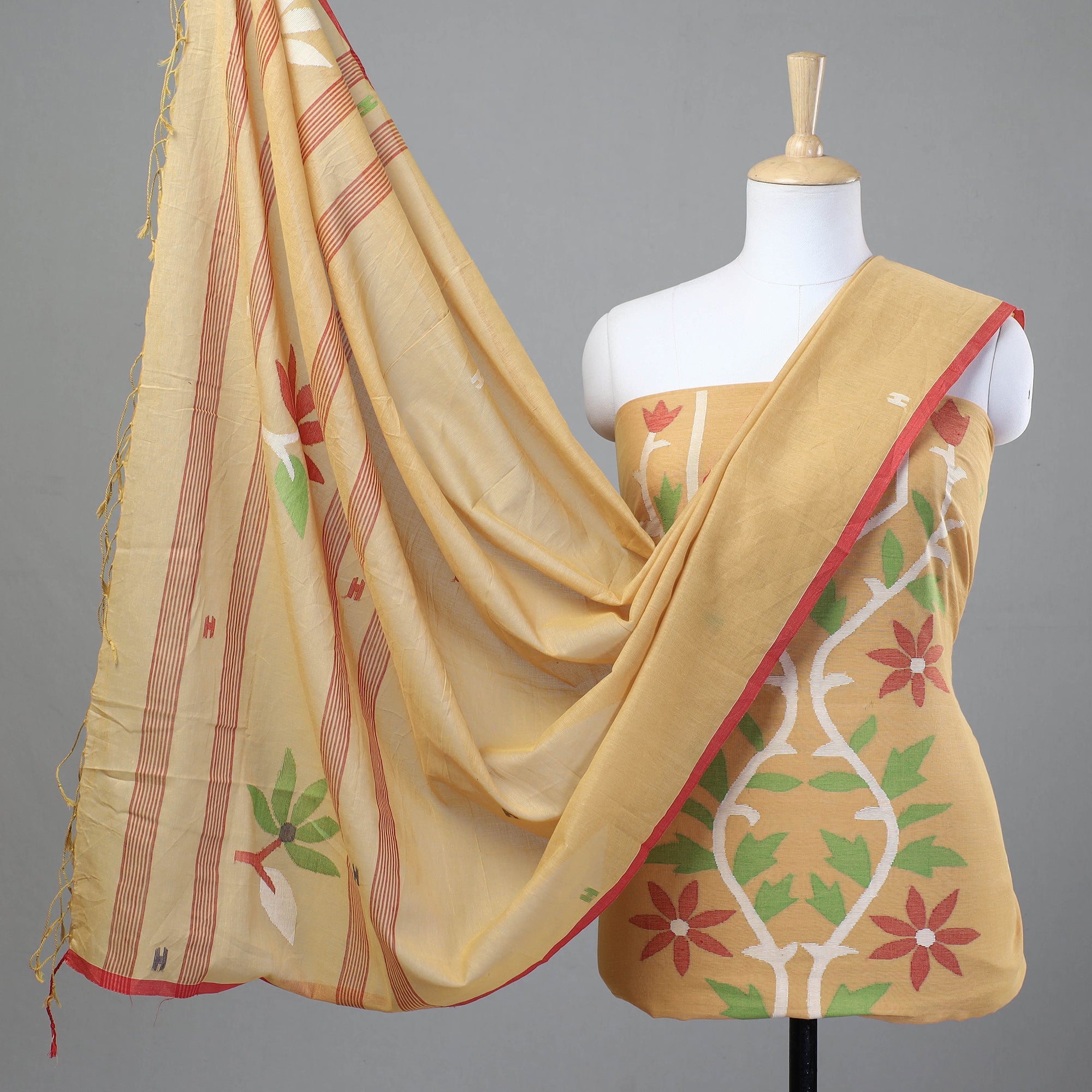 KHUSHBASH - HAPPY LOOM OF EAST Beige - 2pc Phulia Jamdani Weave Handloom Cotton Suit Material Set