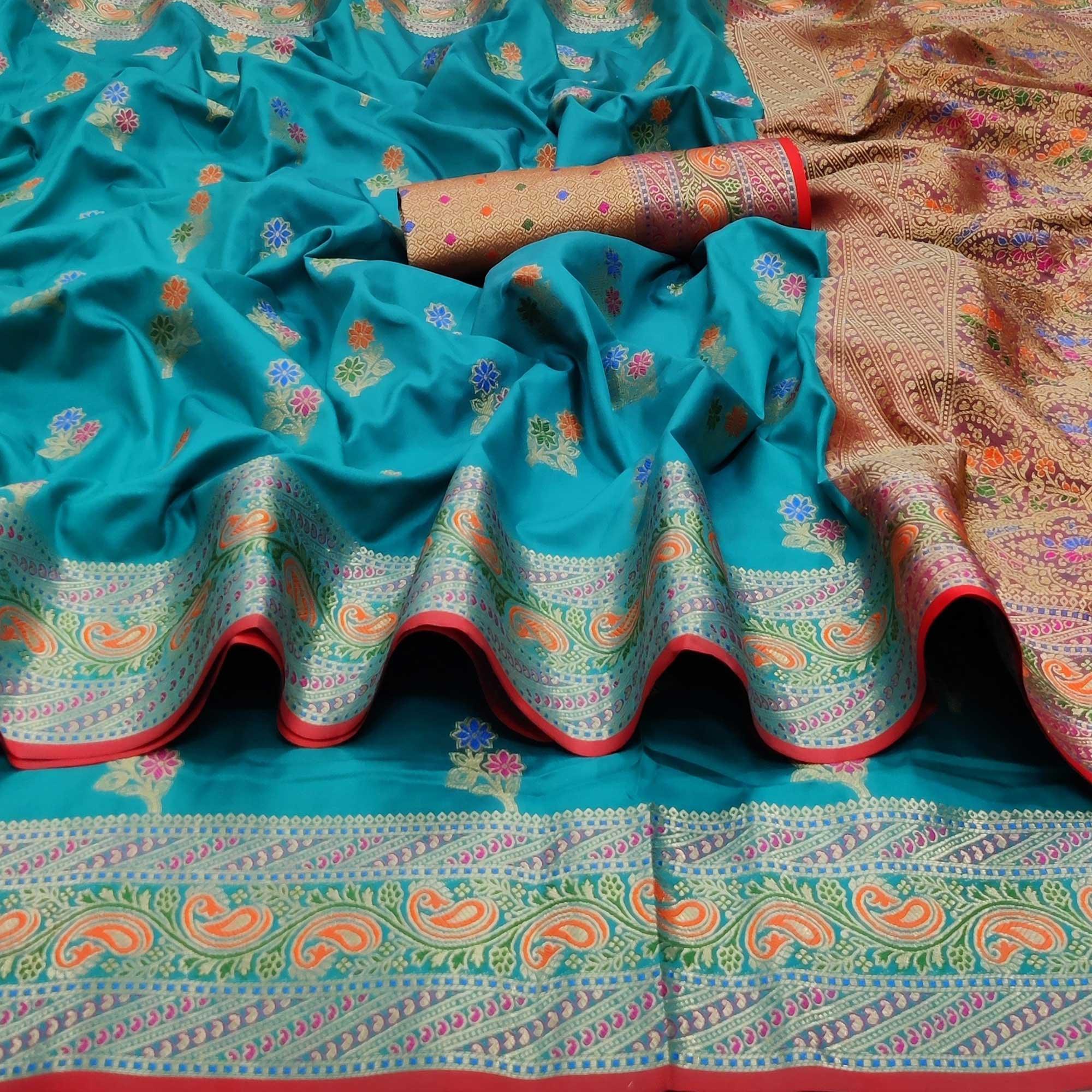 Peachmode Firozi Festive Wear Floral Woven Soft Silk Saree With Jacquard Border - view 2