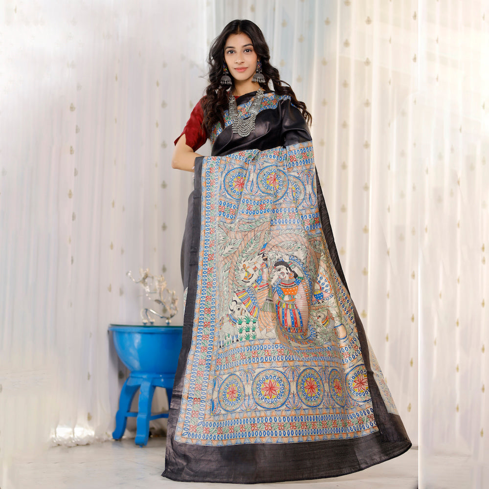 DIORAMA DESIGNS Black - Madhubani Hand-Painted Radha Krishna Tussar Silk Saree - view 4