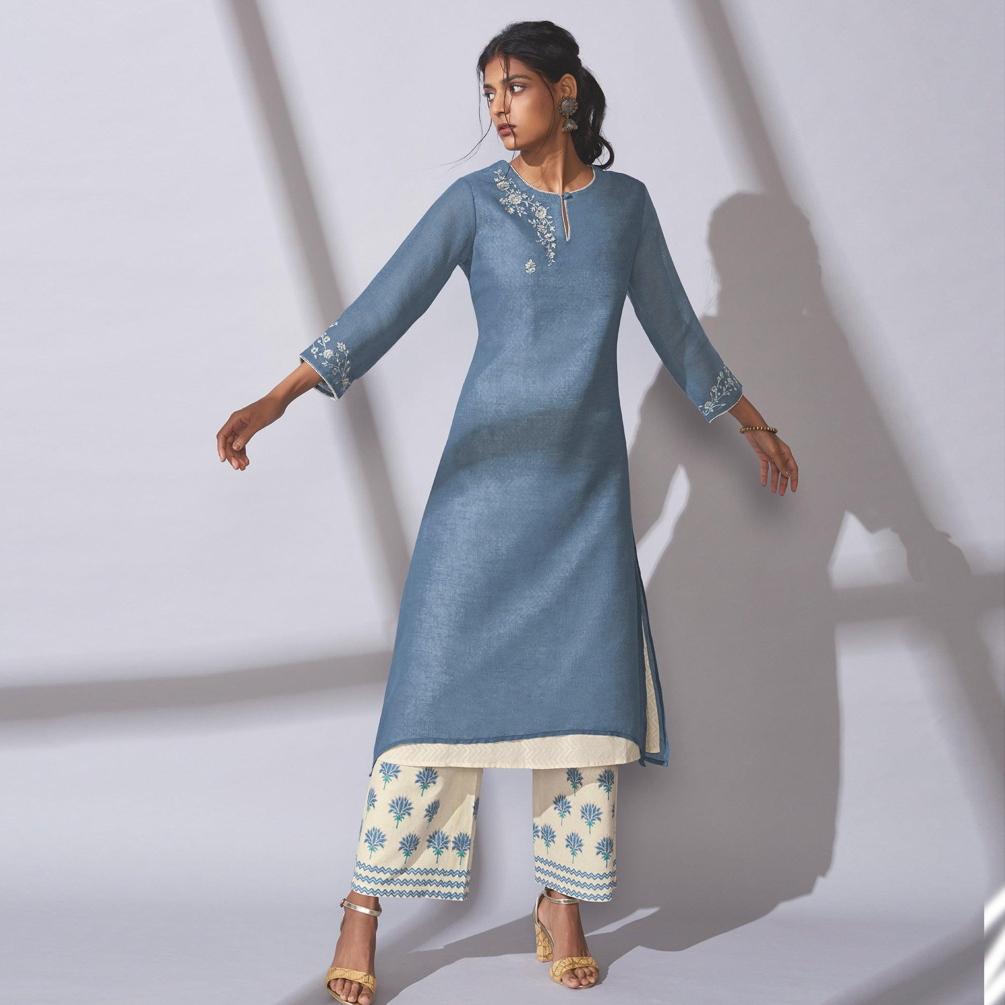 Peachmode Seller Glorious Blue Colored Party Wear Embroidered Khadi Cotton Kurti-Palazzo Set