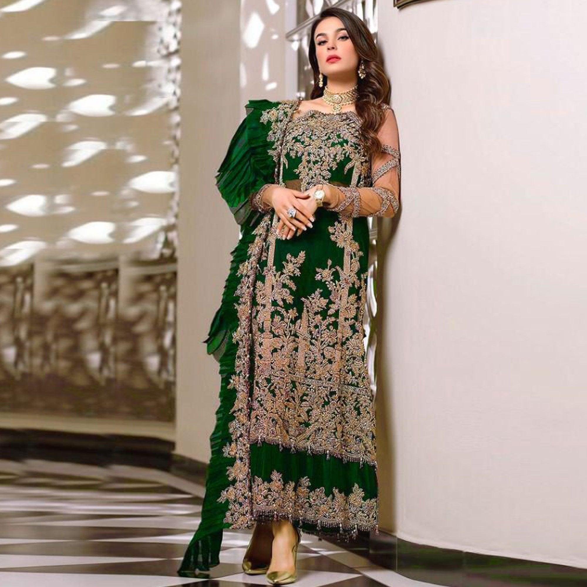Peachmode Bottle Green Embroidered Resham Work Georgette Pakistani Suit - view 3