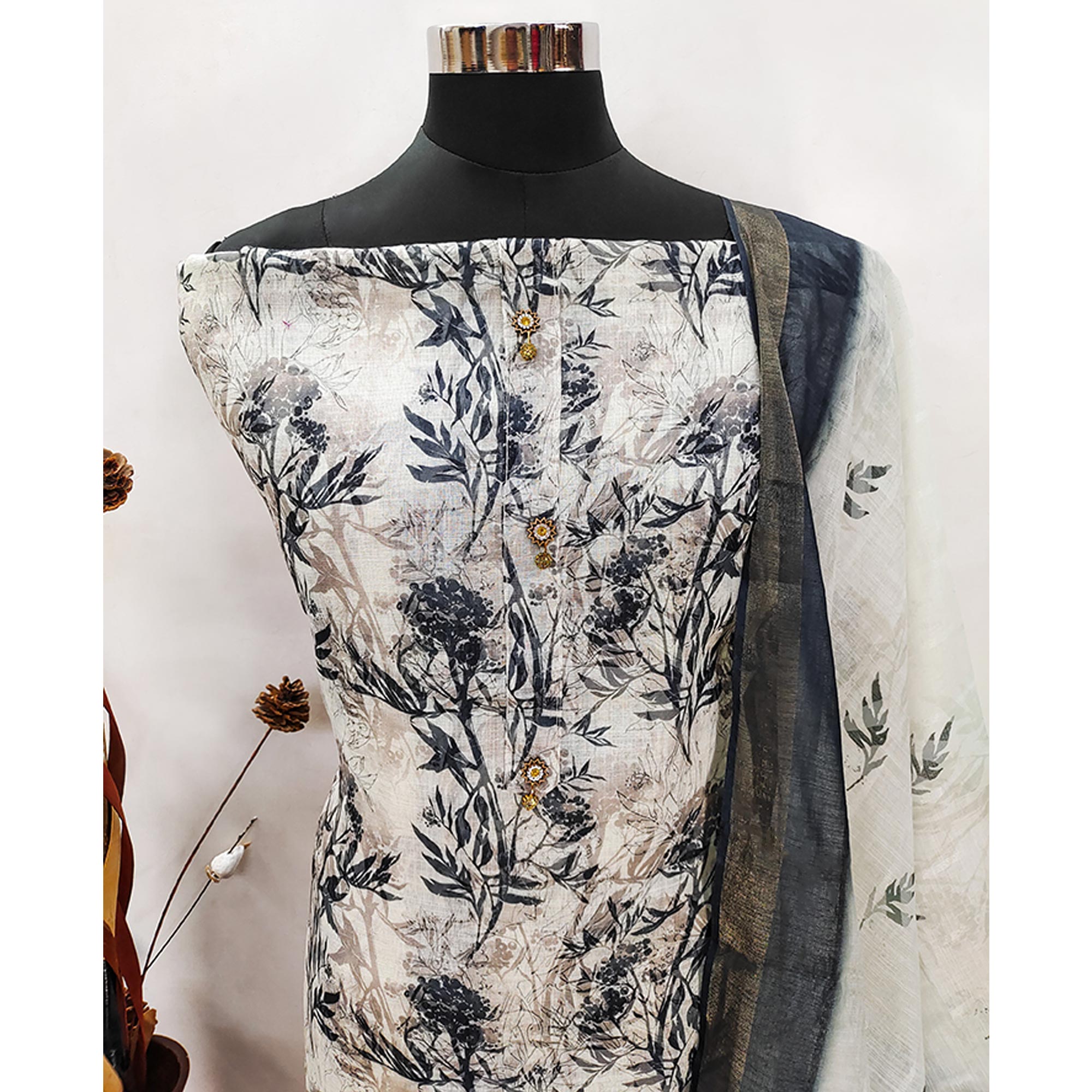 Peachmode White Floral Printed Linen Dress Material - view 4